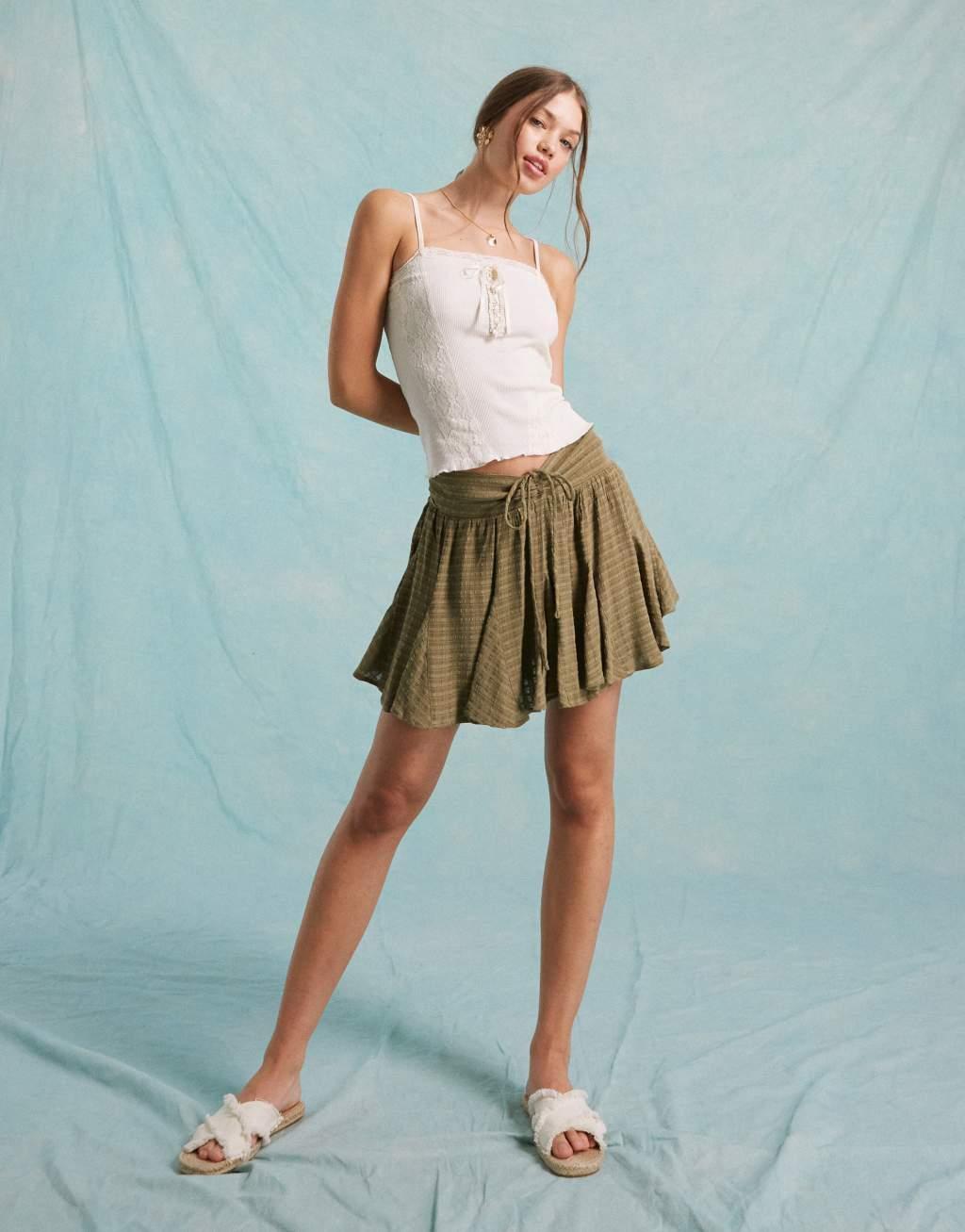 Miss Selfridge tie front godet mini skort in plaid Product Image