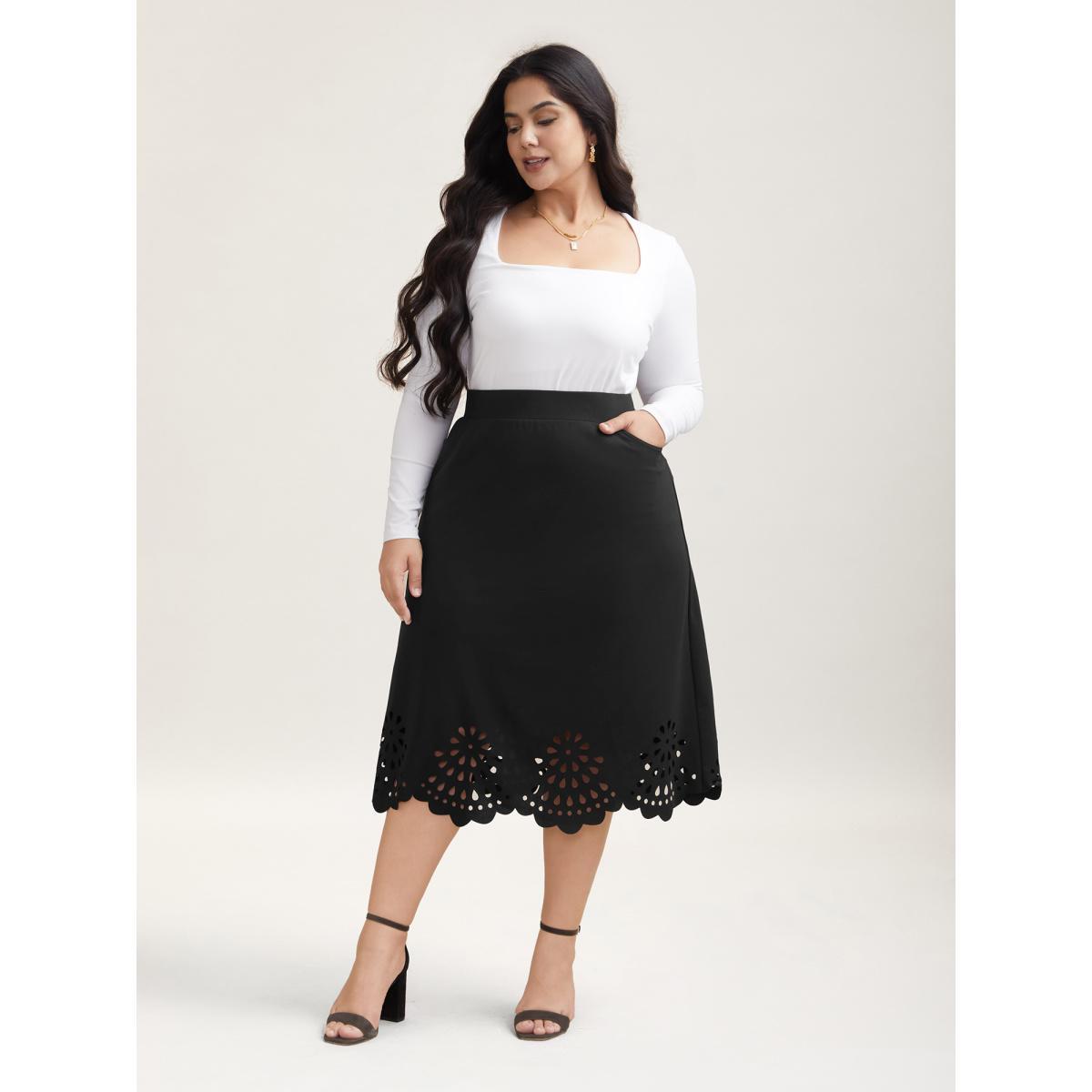 Plus Size Laser Cut-Out Flared Midi Skirt Women Black Elegant Cut-Out Medium stretch Slanted pocket Everyday Skirts BloomChic 18-20/2X Product Image