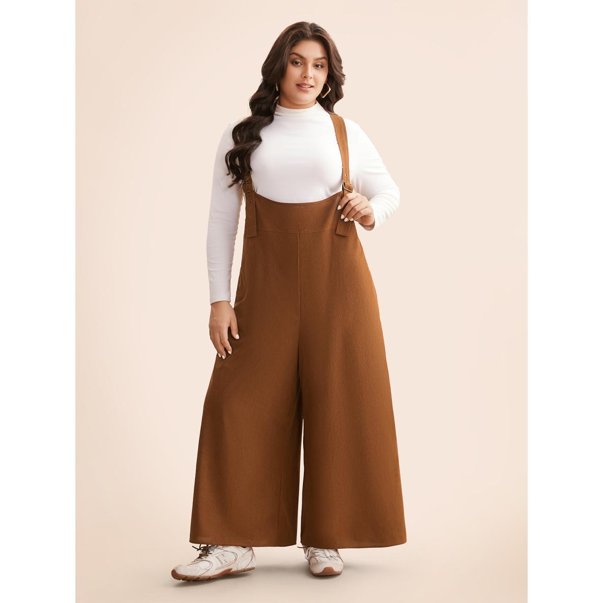 Plus Size Bronze Corduroy Button Detail Adjustable Straps Jumpsuit Women Casual Sleeveless Non Everyday Loose Jumpsuits BloomChic 28/5X Product Image