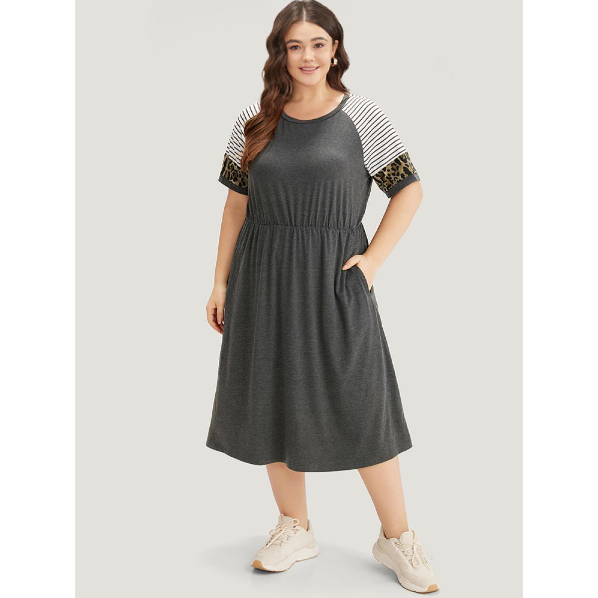 Plus Size Supersoft Essentials Leopard Striped Patchwork Raglan Sleeve Dress DimGray Women Casual Gathered Round Neck Short sleeve Curvy Midi Dress BloomChic 14-16/1X Product Image