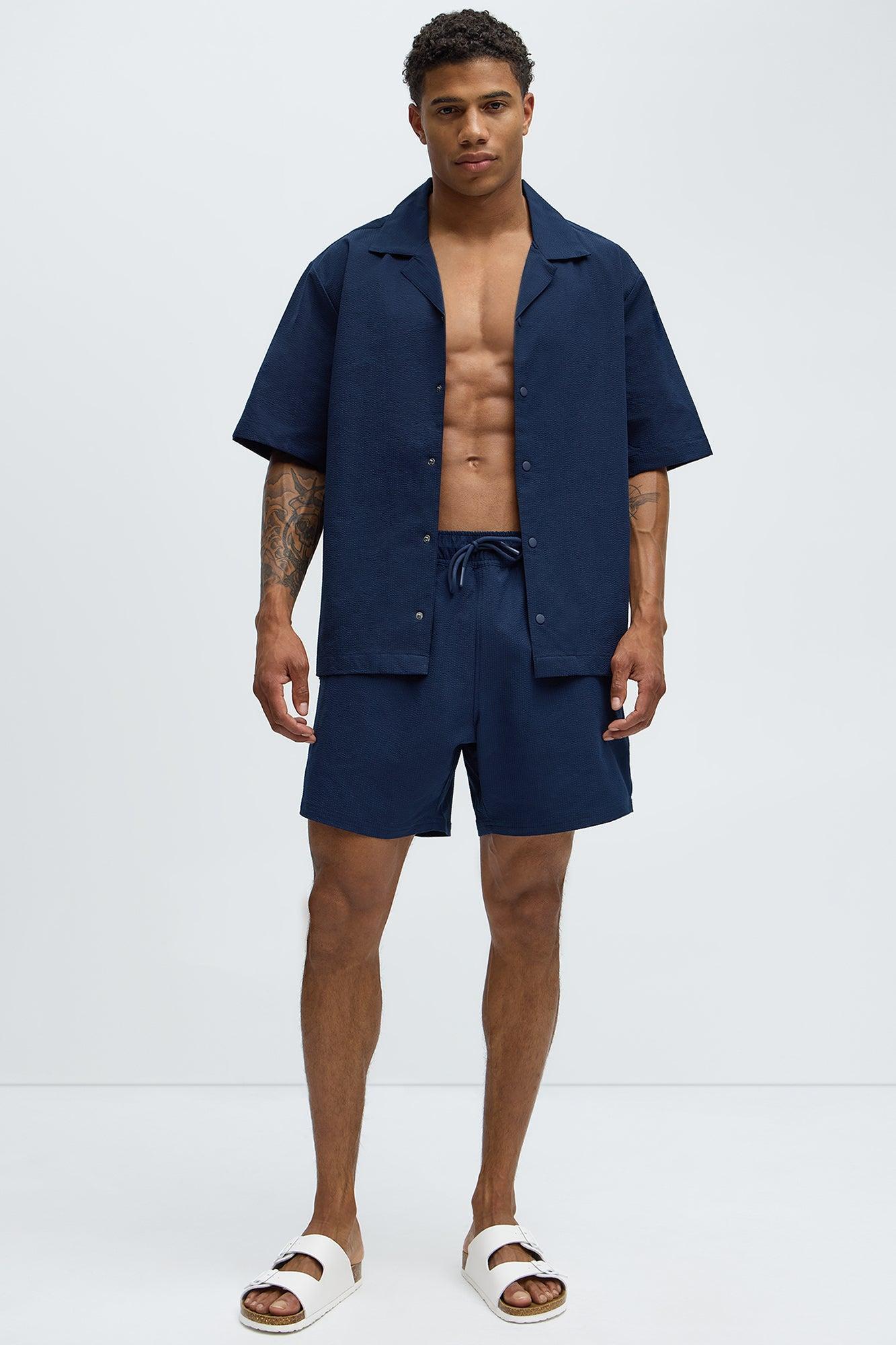 Seersucker Short Sleeve Cuban Collar Shirt - Navy Product Image