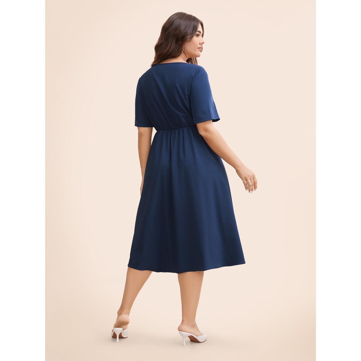 Plus Size Solid Square Neck Pleated Midi Dress Indigo Women Elegant Tucked seam Square Neck Short sleeve Curvy BloomChic 22-24/3X Product Image