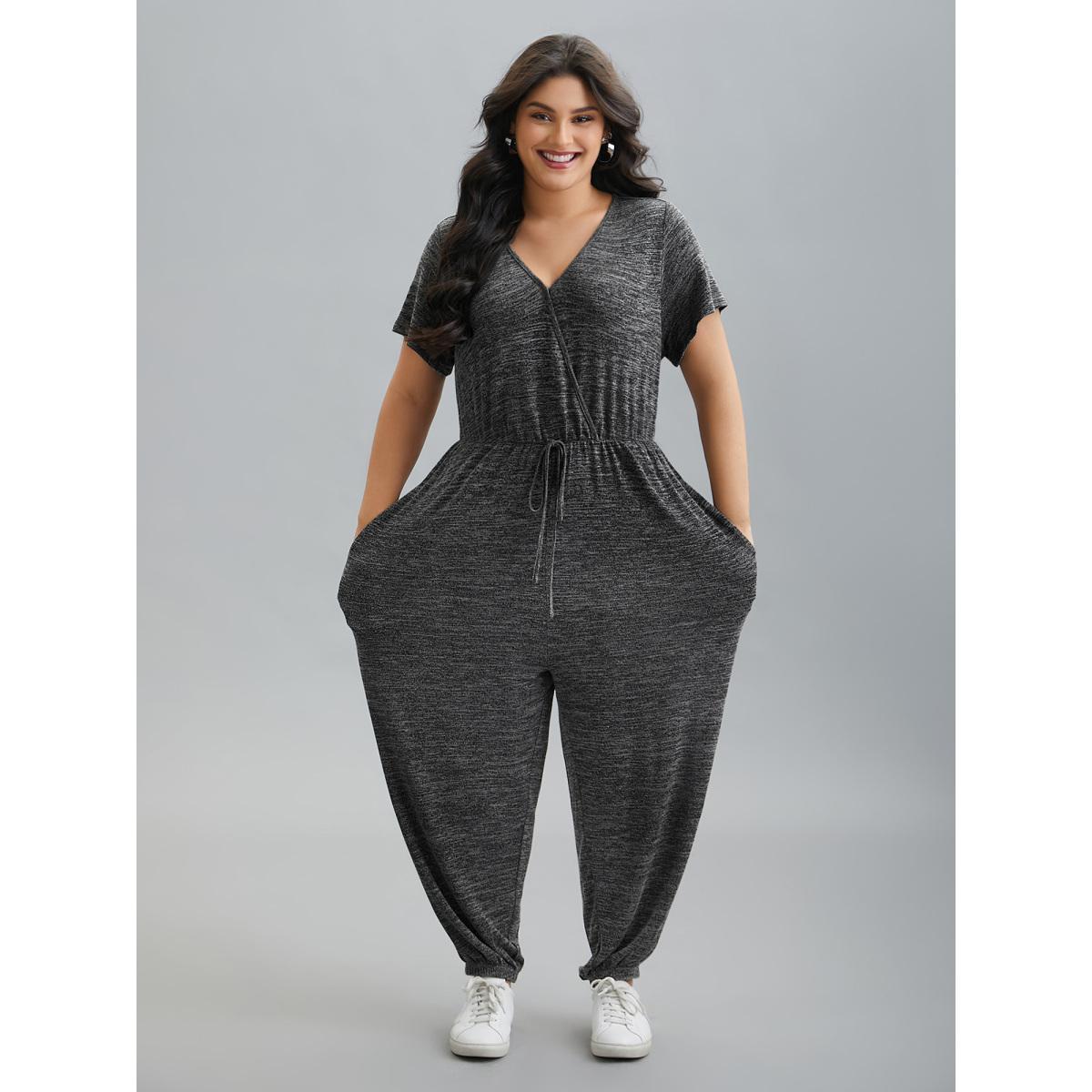 Plus Size DimGray Plain Wrap Drawstring Pocket Jumpsuit Women Casual Short sleeve Overlap Collar Everyday Loose Jumpsuits BloomChic 30/6X Product Image