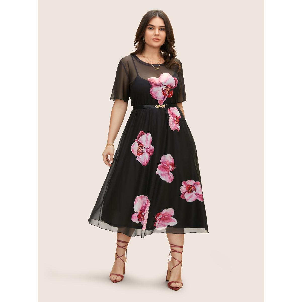 Plus Size Crew Neck Mesh Butterfly Orchid Midi Dress Black Women Elegant See through Round Neck Short sleeve Curvy BloomChic 14-16/1X Product Image