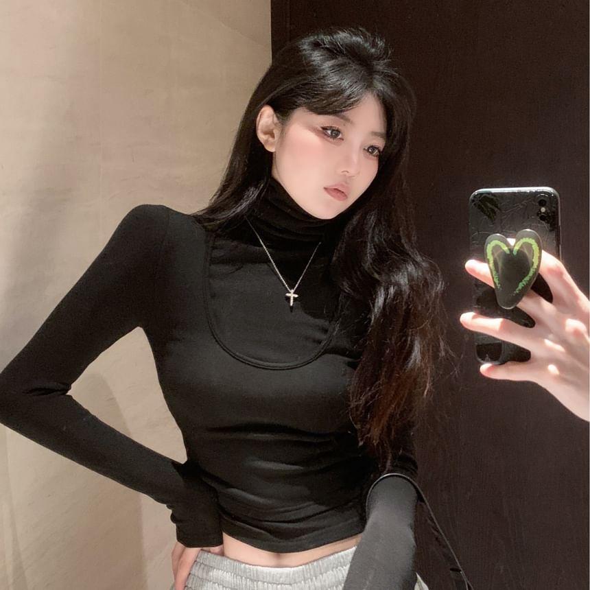 Long Sleeve Turtleneck Plain Mock Two Piece Crop Top Product Image