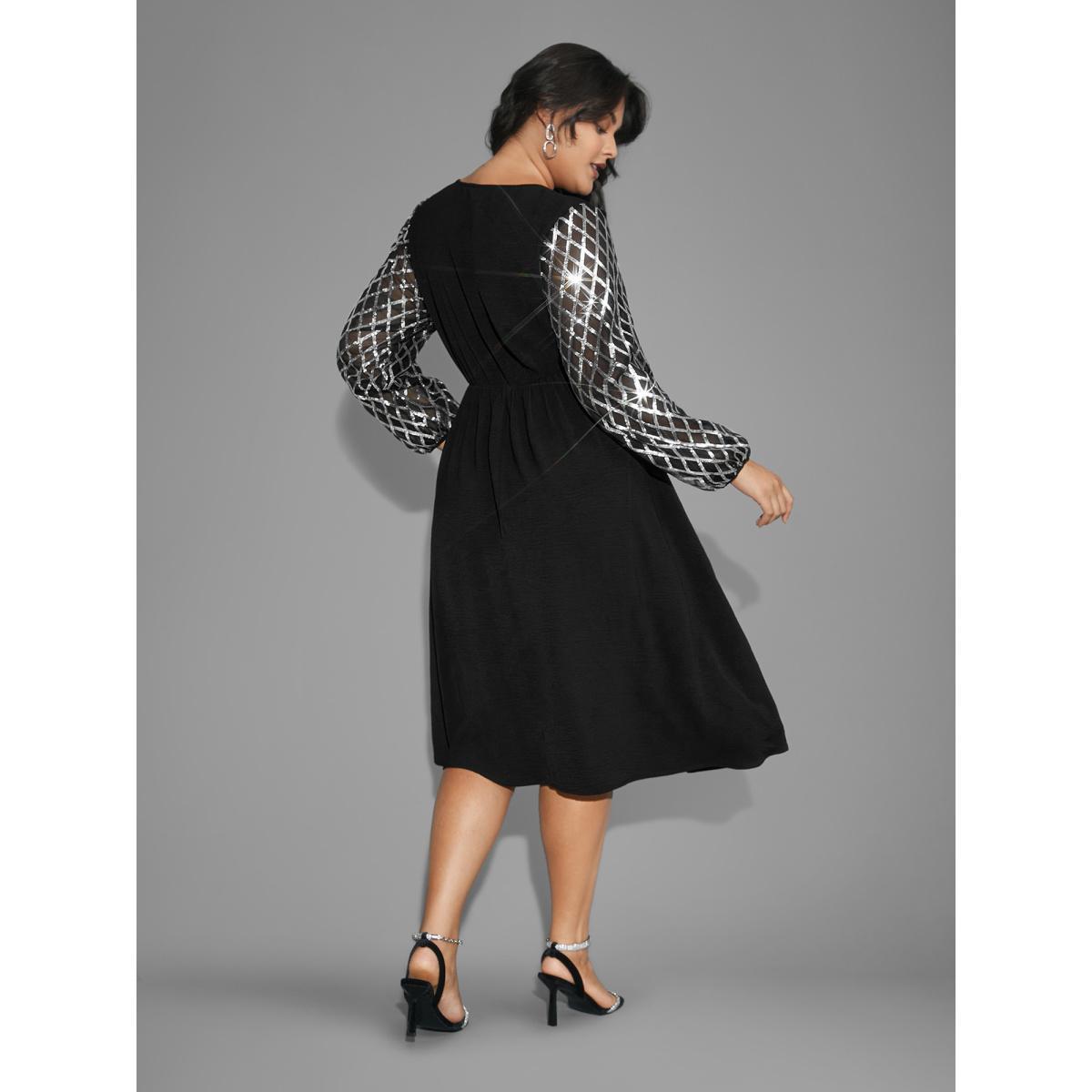 Plus Size Texture Sequin Mesh Patchwork Belted Dress Black Women Cocktail Texture Round Neck Long Sleeve Curvy BloomChic 26/4X Product Image