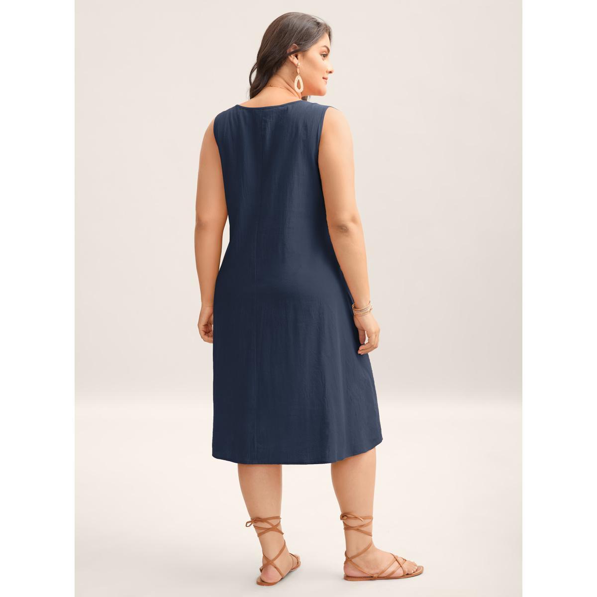 Plus Size Cotton Toothpick Pleat Plain Midi Dress DarkBlue Women Notched collar Sleeveless Curvy BloomChic 14-16/1X Product Image