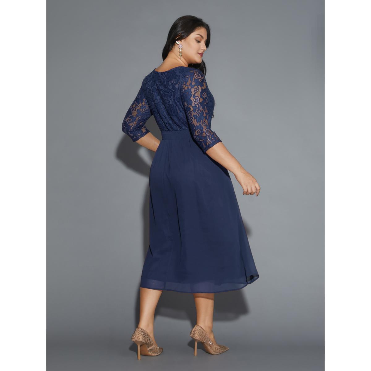 Plus Size Lace Patchwork Shirred Midi Pocket Dress DarkBlue Women Cocktail Woven ribbon&lace trim Round Neck Elbow-length sleeve Curvy BloomChic 26/4X Product Image