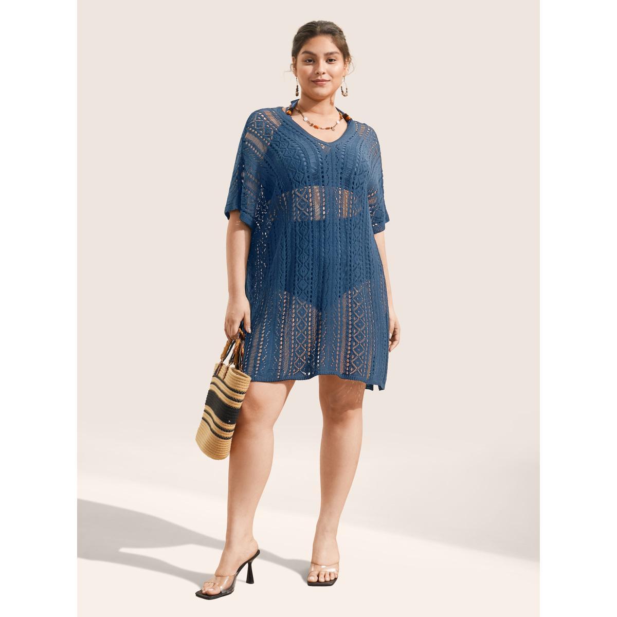 Plus Size Plain Texture Ties Hollow Out Split Hem Swim Cover Up Women's Swimwear Aegean Beach Cut-Out Curve Swim Cover Ups BloomChic 28/5X Product Image