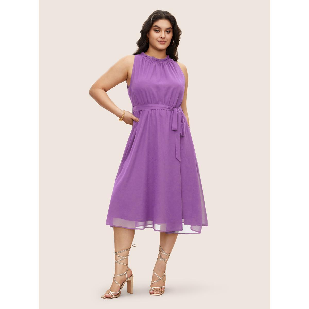Plus Size Plain Sleeveless Frill Trim Pocket Belted Mock Neck Dress Lilac Women At the Office Pocket Mock Neck Sleeveless Curvy Midi Dress BloomChic 12/L Product Image