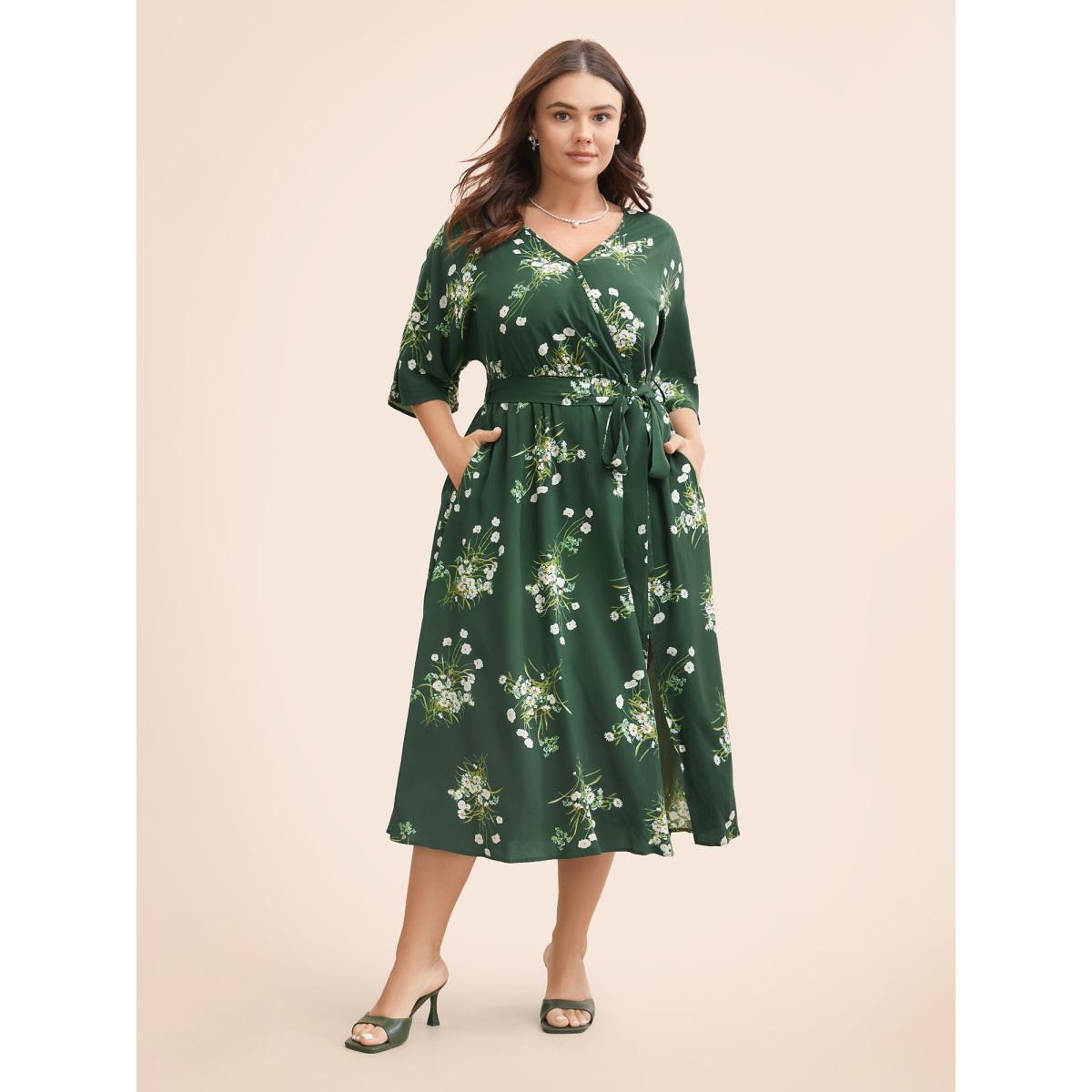 Plus Size Floral Overlap Collar Split Hem Dress Emerald Women Elegant Belted Overlap Collar Half Sleeve Curvy BloomChic 26/4X Product Image