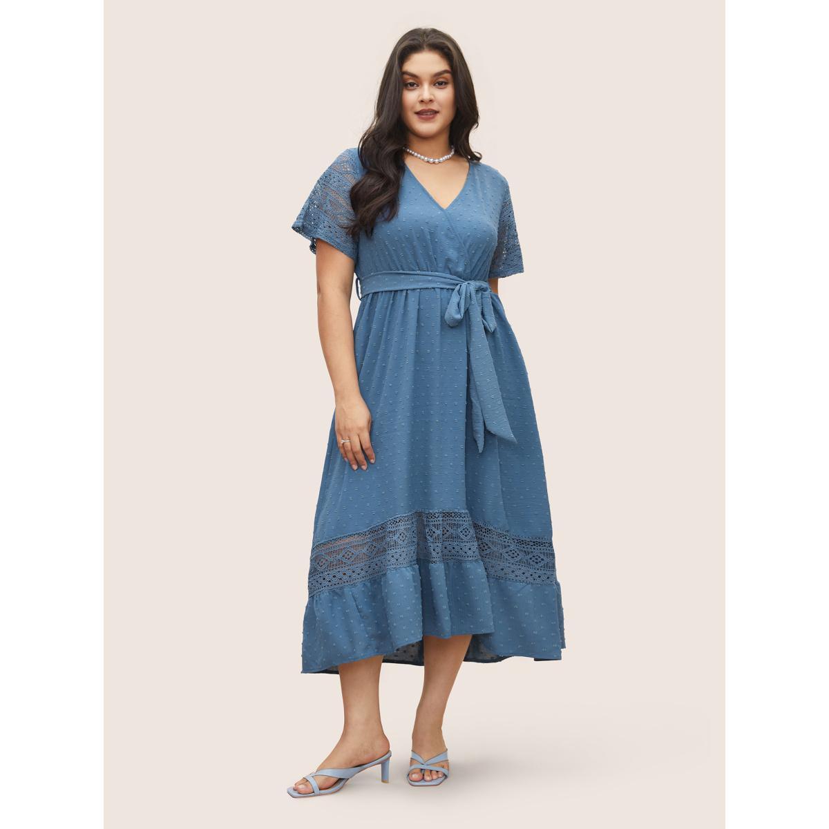 Strappy Elegance Flutter Patchwork Plus Size Dress Women Plain Mint Ruffle Sleeve Short Sleeve V Neck Pocket Belt Dailywear Long Dress BloomChic Product Image