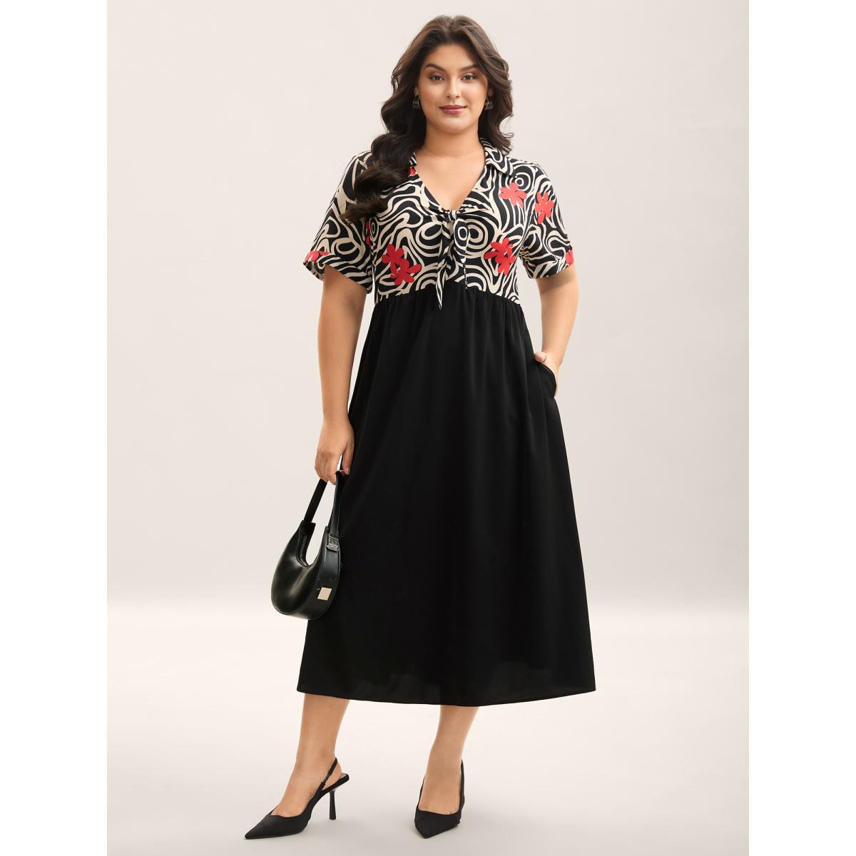 Plus Size Ribbon Collar Floral Print Contrast Midi Dress Black Women V-neck Short sleeve Curvy BloomChic 14-16/1X Product Image