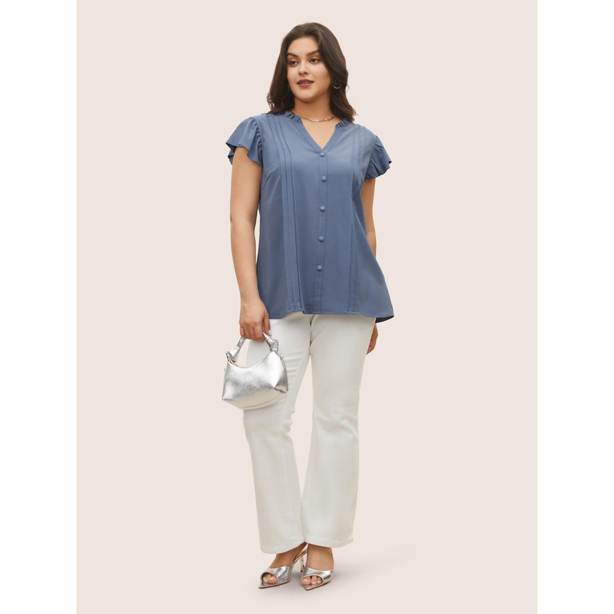 Plus Size Stone Stretchy Woven Pleated Button Detail Cap Sleeve Blouse Women Work From Home Cap Sleeve V-neck Work Blouses BloomChic 26/4X Product Image