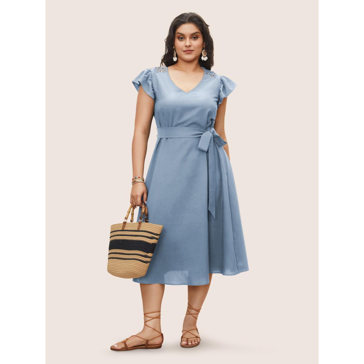 Plus Size Solid Cut Out Ruffle Cap Sleeve Dress Stone Women Resort Woven ribbon&lace trim V-neck Cap Sleeve Curvy Midi Dress BloomChic 10/M Product Image