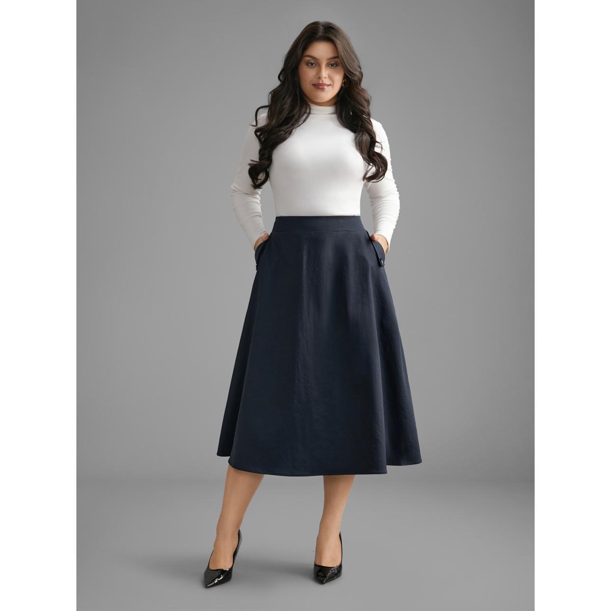 Plus Size Solid Buckle Detail Pocket Skirt Women Indigo Elegant Button Low stretch Slanted pocket Everyday Skirts BloomChic 10/M Product Image