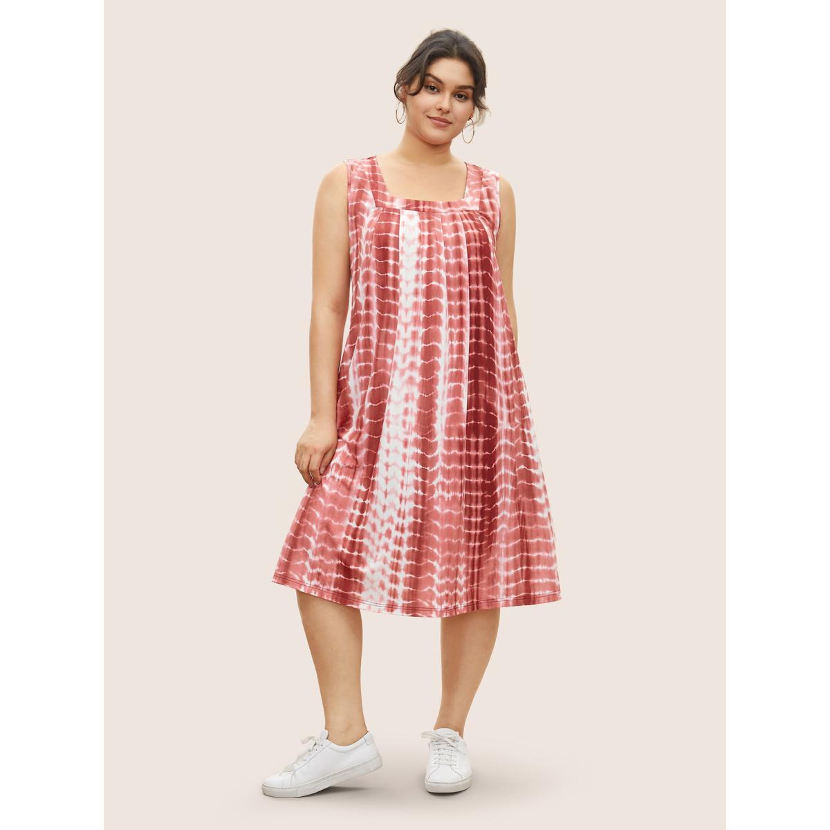 Plus Size Tie Dye Pocket Square Neck Tank Dress Rust Women Casual Pleated Square Neck Sleeveless Curvy Midi Dress BloomChic 30/6X Product Image
