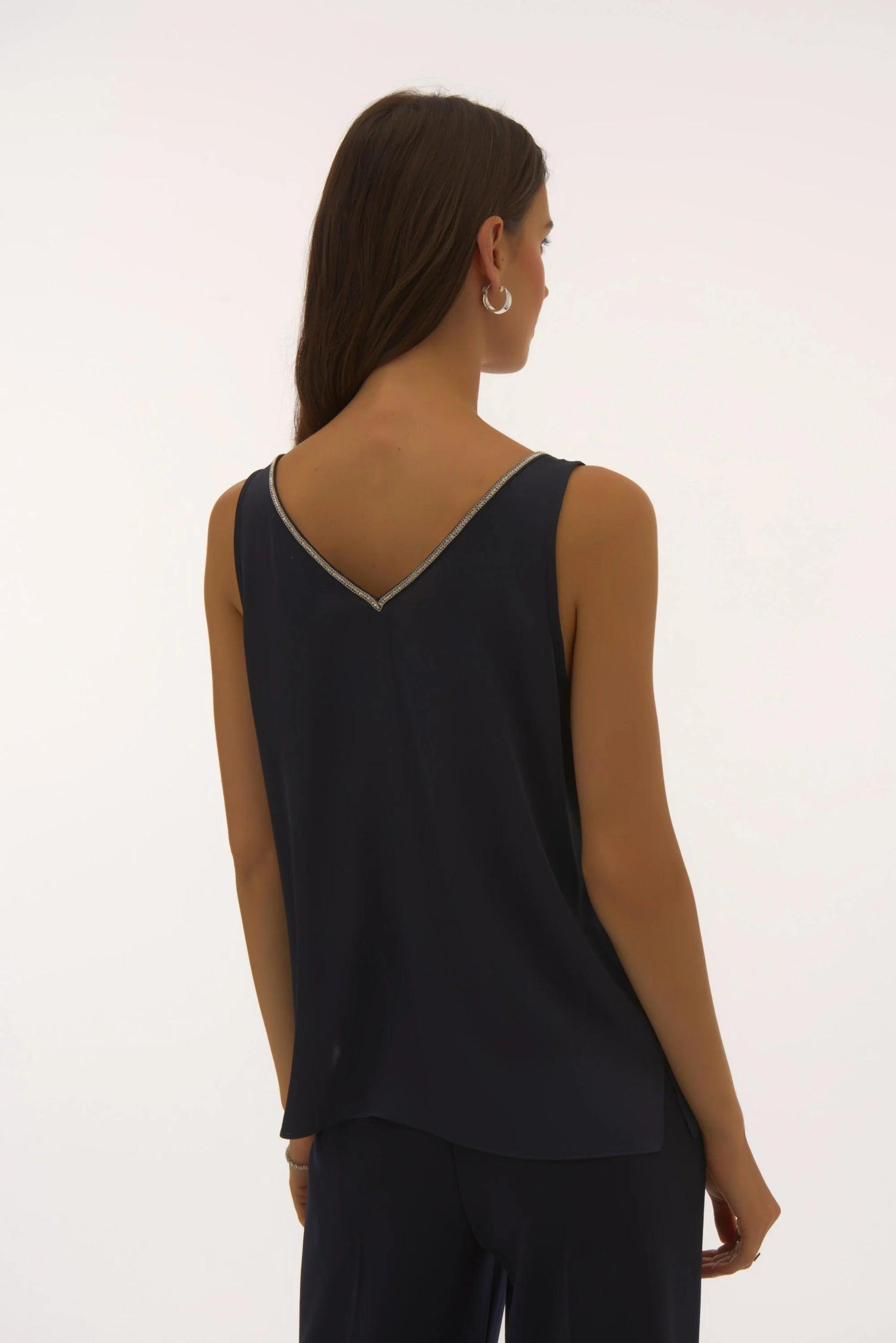 Satin Sleeveless Top with Rhinestone Trim- Midnight Product Image