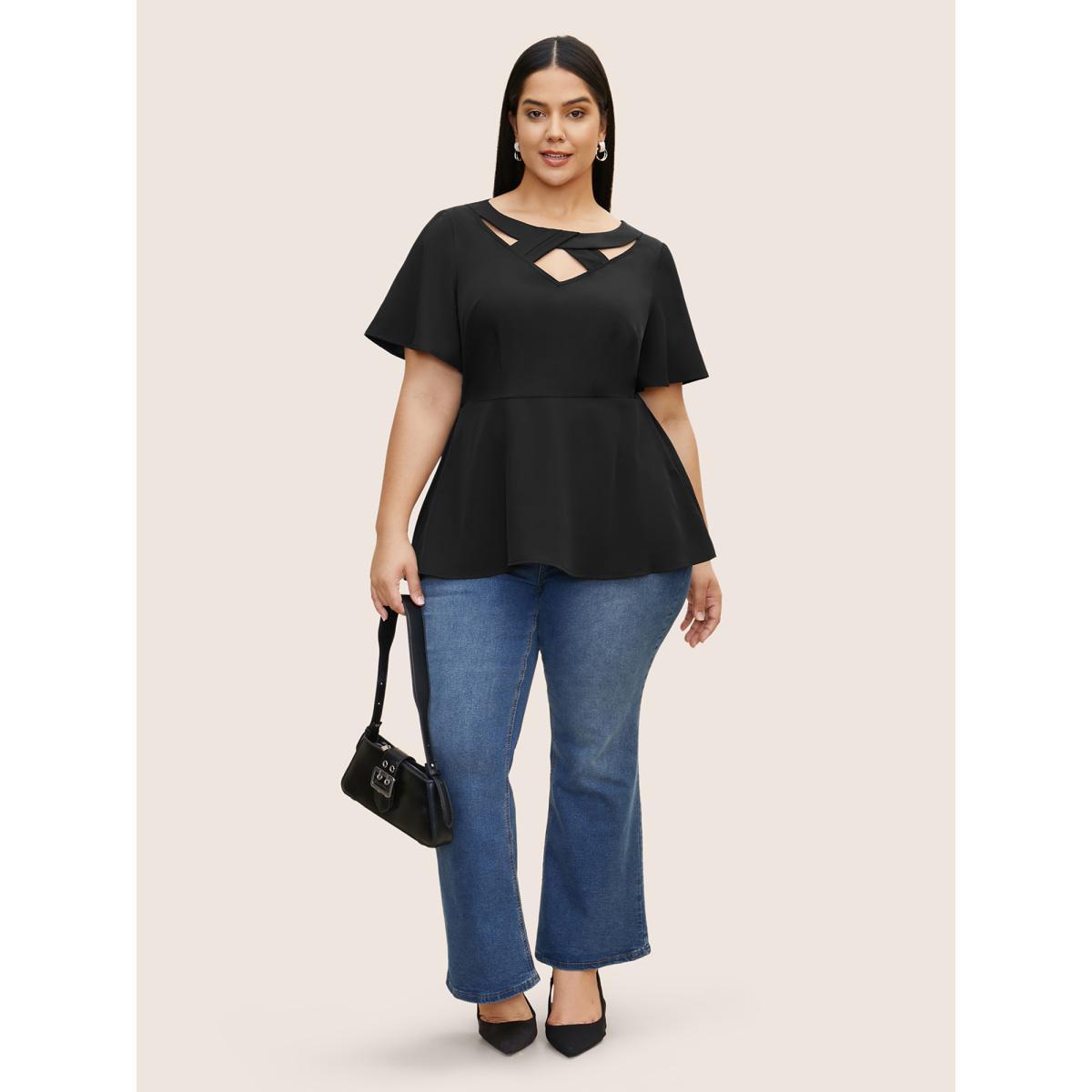 Plus Size Black Plain Cut Out Gathered Flutter Sleeve Blouse Women Work From Home Short sleeve Round Neck Work Blouses BloomChic 18-20/2X Product Image