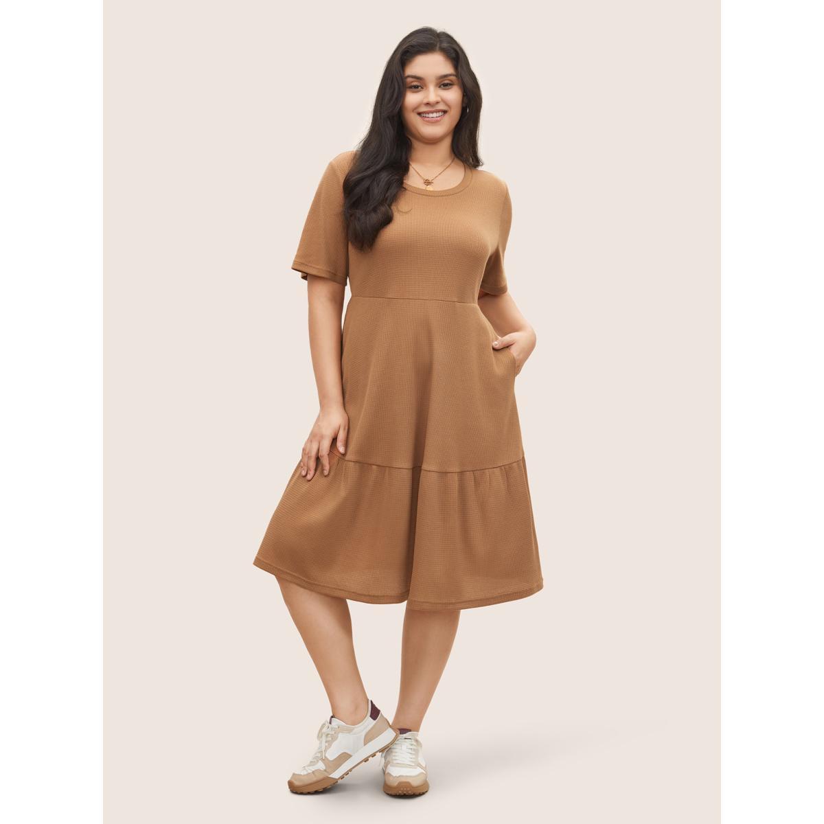 Plus Size Waffle Knit Pocket Patchwork Hem Dress Tan Women Basics Non Round Neck Short sleeve Curvy Midi Dress BloomChic 10/M Product Image