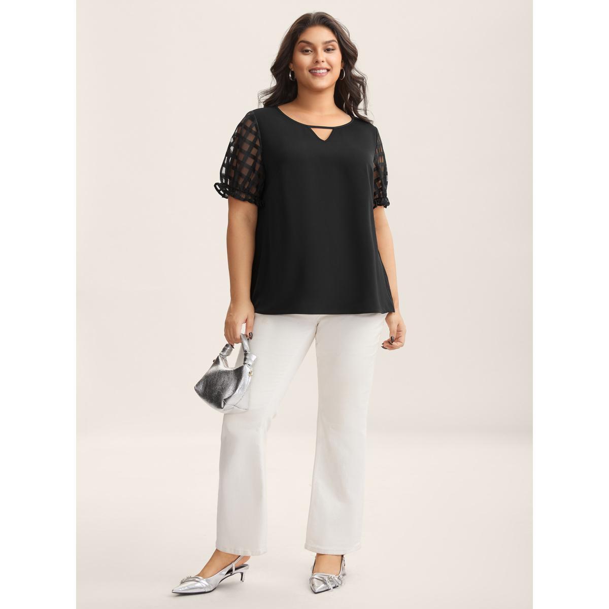 Plus Size Black Sheer Grid Neck Keyhole Blouse Women Short sleeve Round Neck Work Blouses BloomChic 22-24/3X Product Image