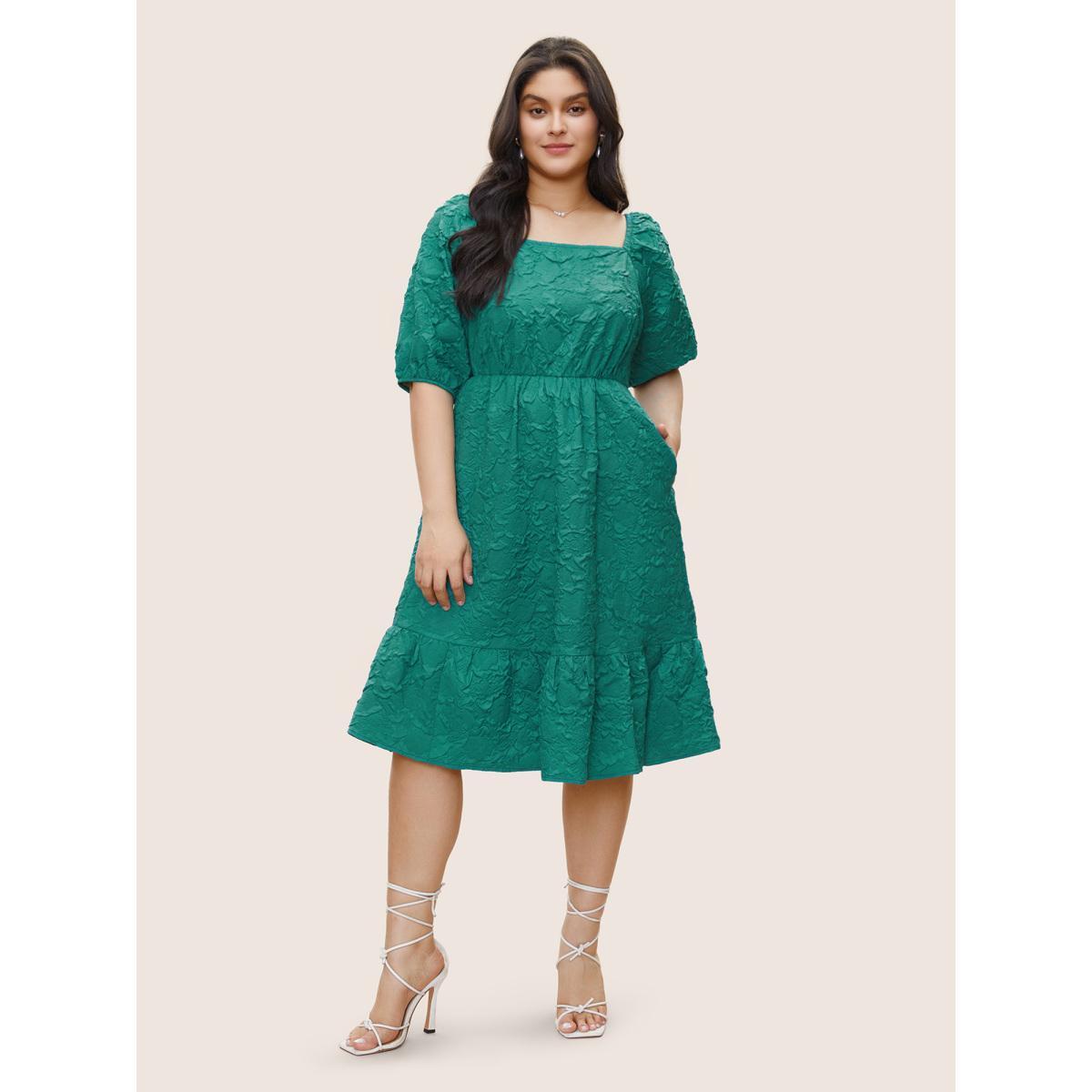 Plus Size Plisse Patchwork Flutter Hem Square Neck Dress Emerald Women Elegant Non Square Neck Half Sleeve Curvy Midi Dress BloomChic 12/L Product Image