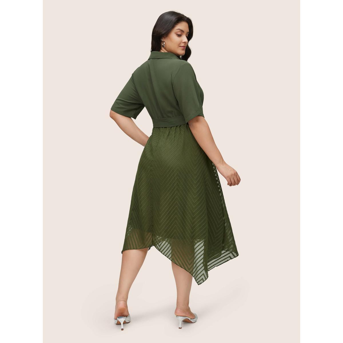 Plus Size Plain Texture Mesh Belted Asymmetrical Hem Dress ArmyGreen Women At the Office Texture Shirt collar Short sleeve Curvy Midi Dress BloomChic 28/5X Product Image