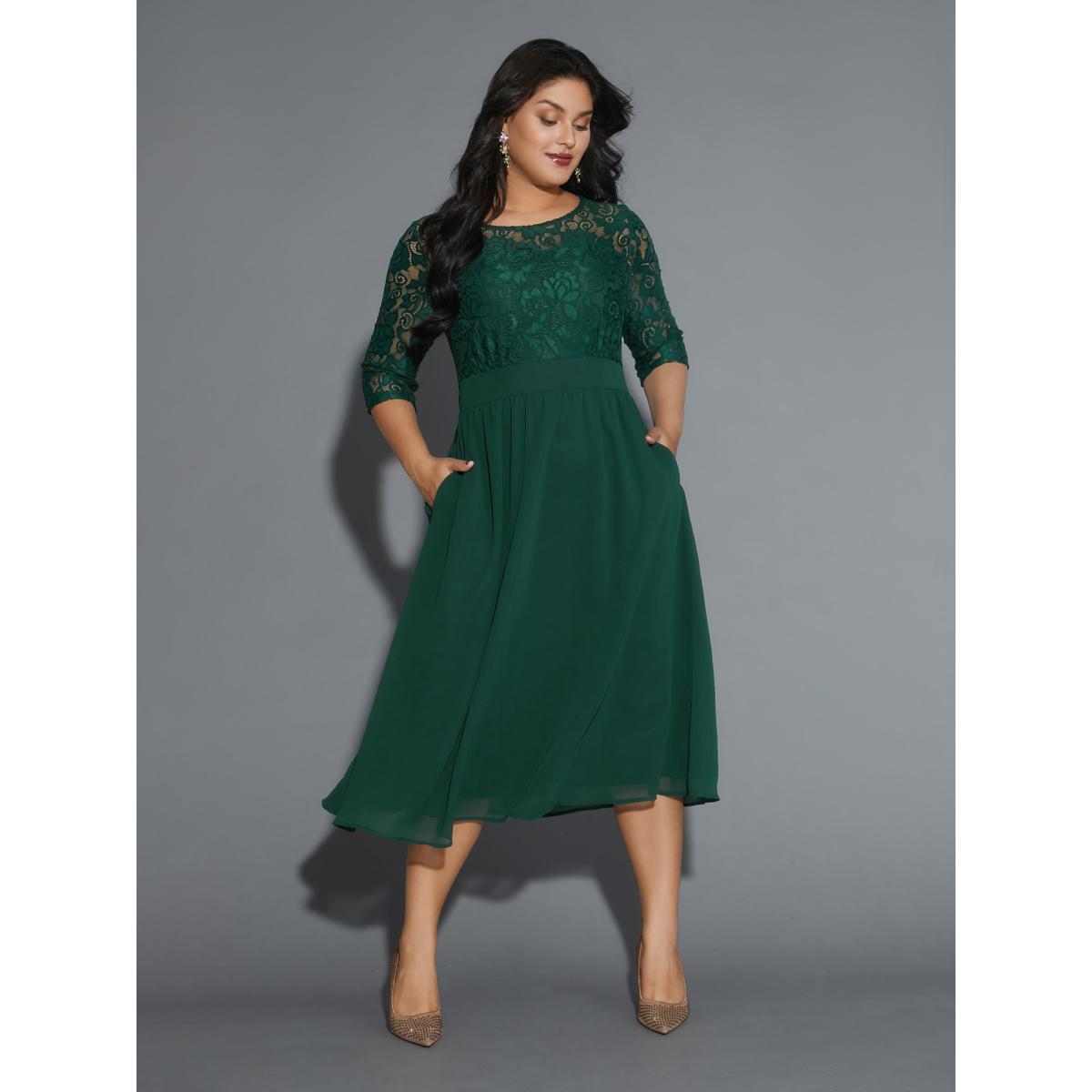 Plus Size Lace Patchwork Shirred Midi Pocket Dress DarkGreen Women Cocktail Woven ribbon&lace trim Round Neck Elbow-length sleeve Curvy BloomChic 14-16/1X Product Image
