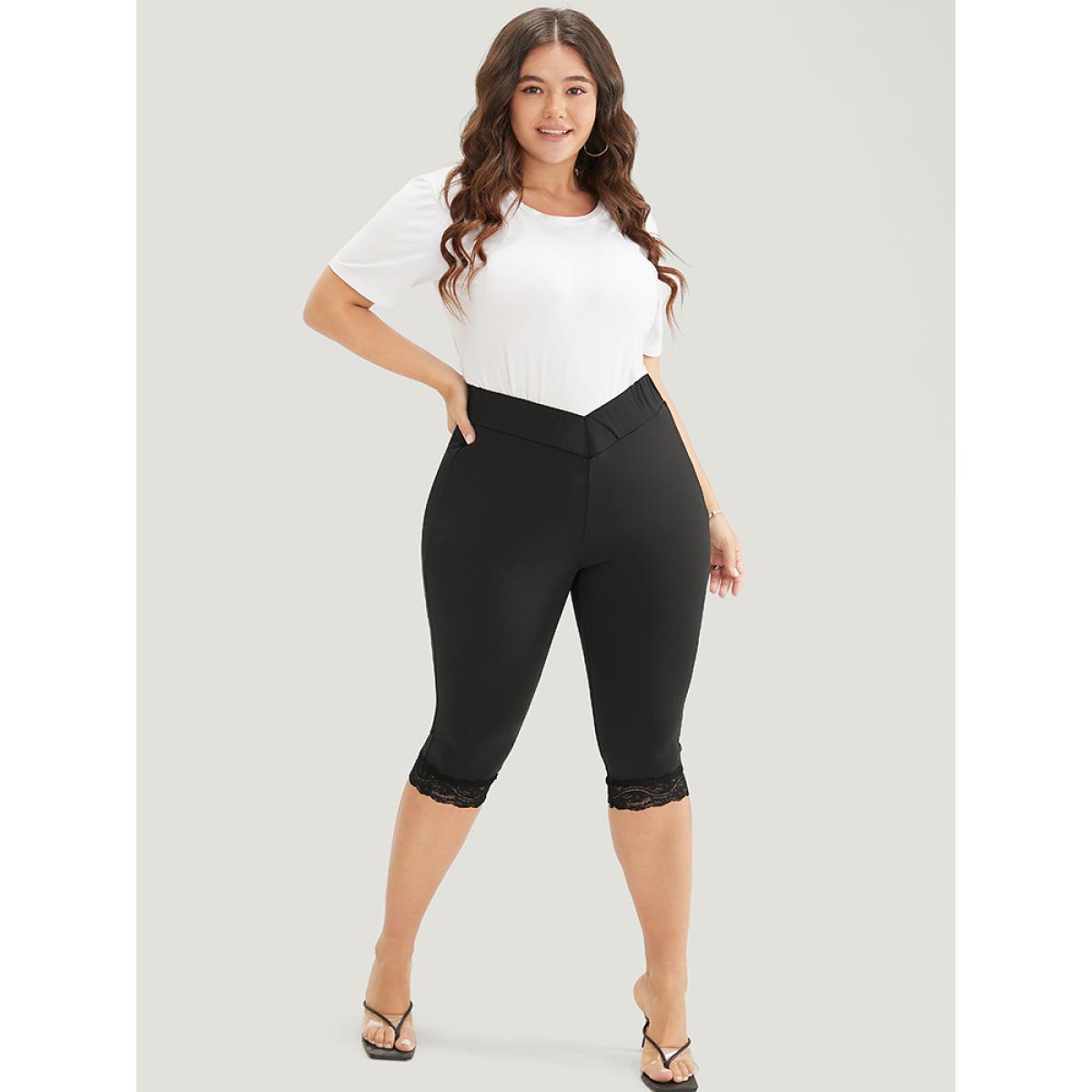 Plus Size Skinny V Waist Lace Hem Leggings Women Black Elegant High stretch Skinny Mid Rise Dailywear Leggings BloomChic 12/L Product Image