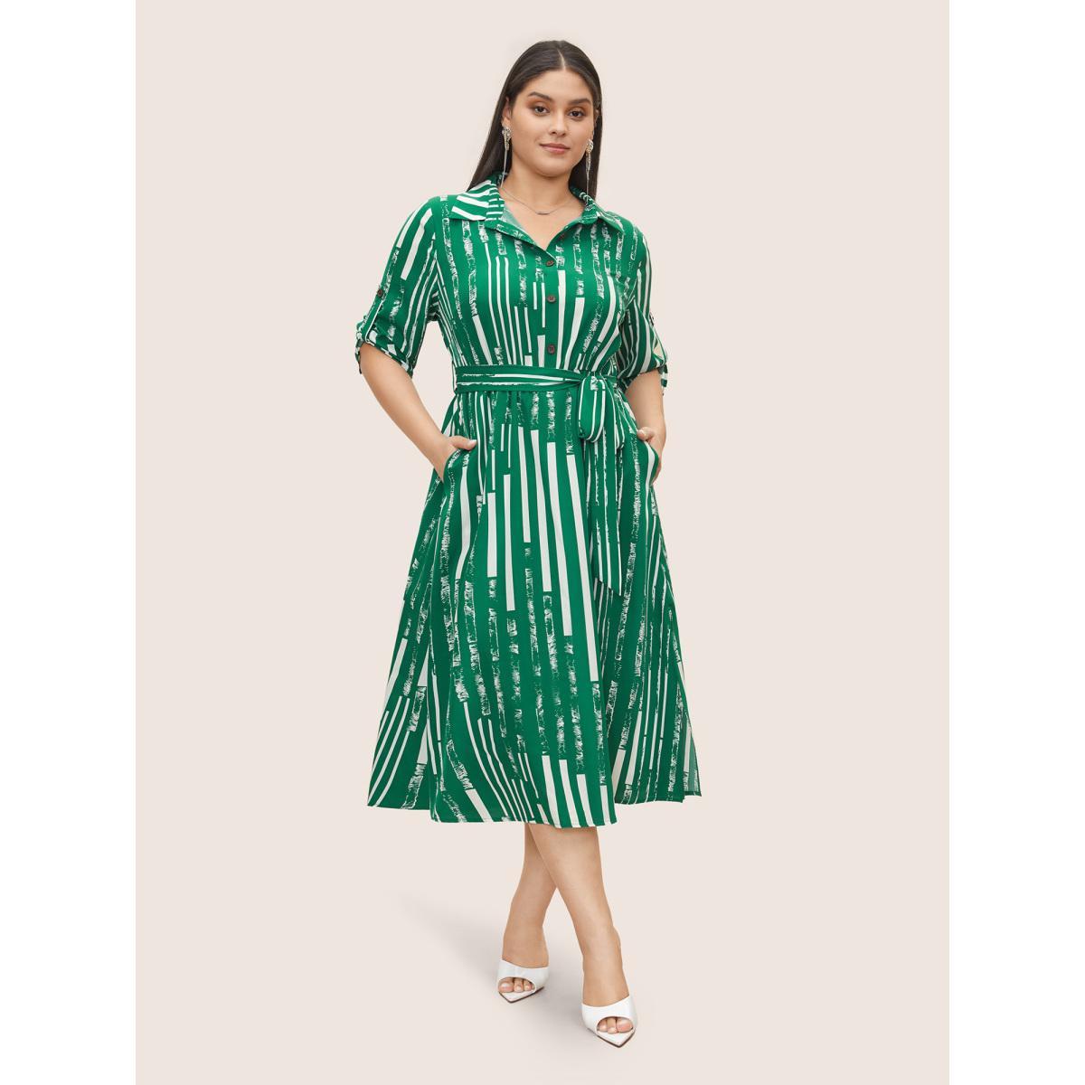 Plus Size Geometric Shirt Collar Tab Sleeve Belted Dress DarkGreen Women At the Office Belted Shirt collar Elbow-length sleeve Curvy Midi Dress BloomChic 30/6X Product Image
