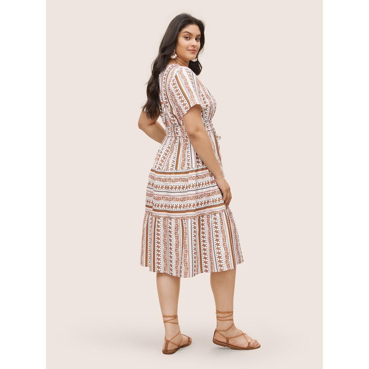 Plus Size Bandana Striped Print Notched Belted Dress Crepe Women Resort Non Notched collar Short sleeve Curvy Midi Dress BloomChic 18-20/2X Product Image