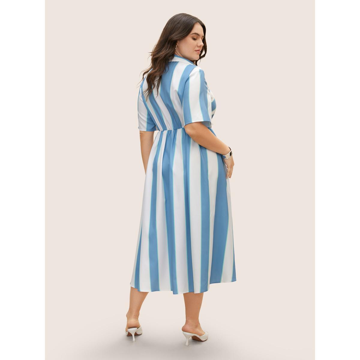 Plus Size Geometric Surplice Neck Tie Knot Midi Dress Stone Women At the Office Tie knot Shirt collar Short sleeve Curvy BloomChic 22-24/3X Product Image
