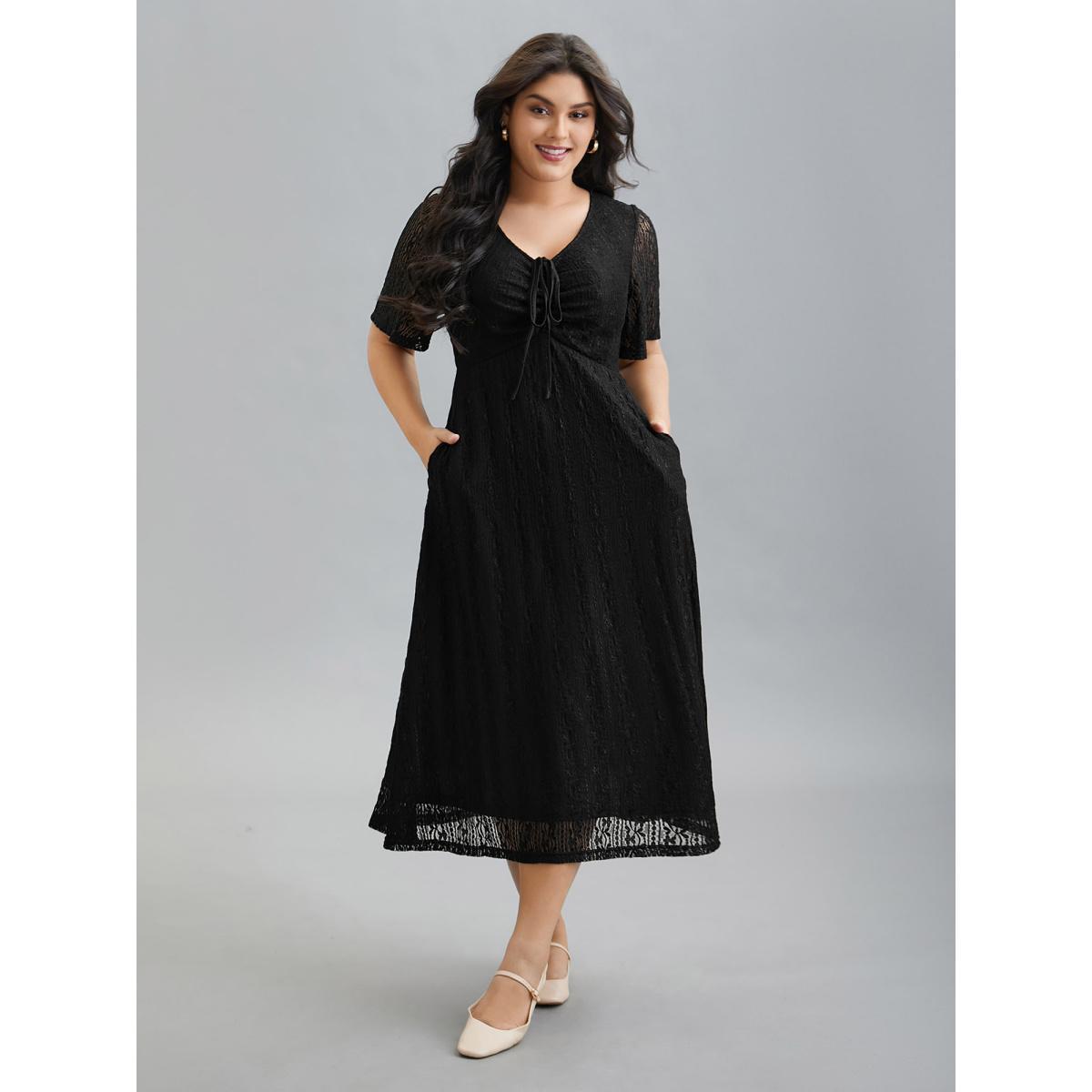Plus Size Lace V-Neck Bow Drawstring Midi Dress Black Women Casual Tie knot Knit Dresses Bloomchic 30/6X Product Image