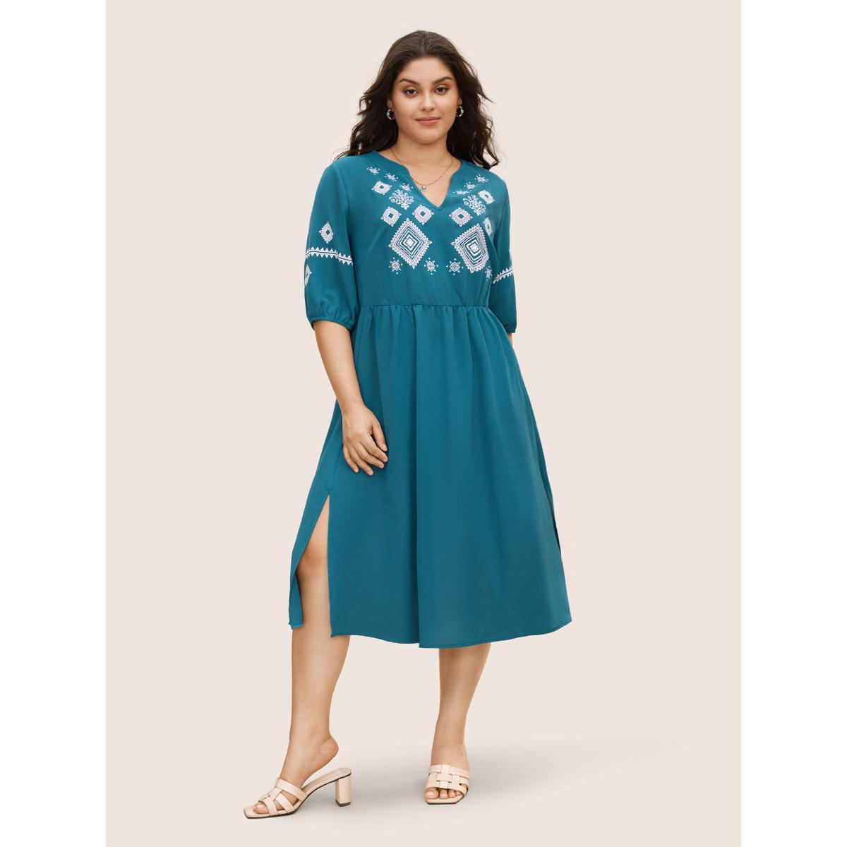 Plus Size Bandana Notched Collar Split Hem Midi Dress Mediumblue Women Resort Gathered Notched collar Elbow-length sleeve Curvy BloomChic 30/6X Product Image
