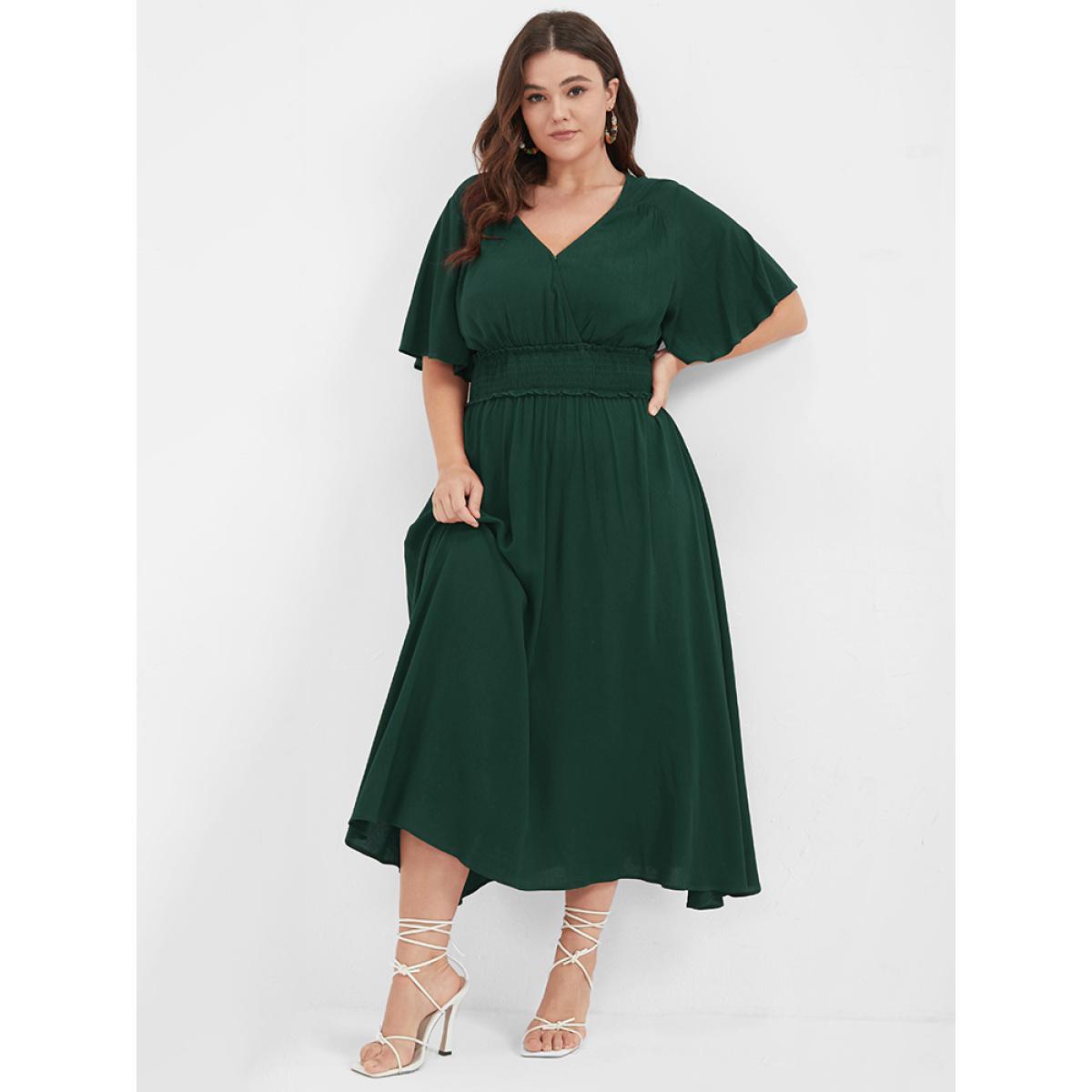 Plus Size Plain Shirred Button Elastic Waist Ruffles Midi Dress DarkGreen Women Elegant Elastic Waist V-neck Short sleeve Curvy Midi Dress BloomChic 28/5X Product Image