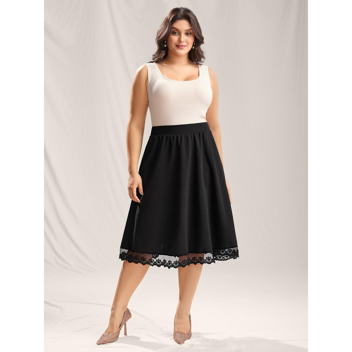 Plus Size Plain Pleated Lace Hem Midi Skirt Women Black Formal See through Bodycon Low stretch Slanted pocket Party Skirts BloomChic 30/6X Product Image