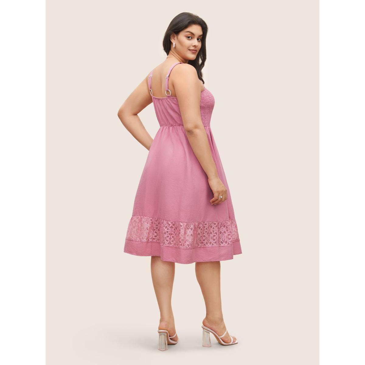 Plus Size Solid Shirred Pocket Contrast Lace Cami Dress Pink Women Elegant Non Non Sleeveless Curvy Midi Dress BloomChic 26/4X Product Image
