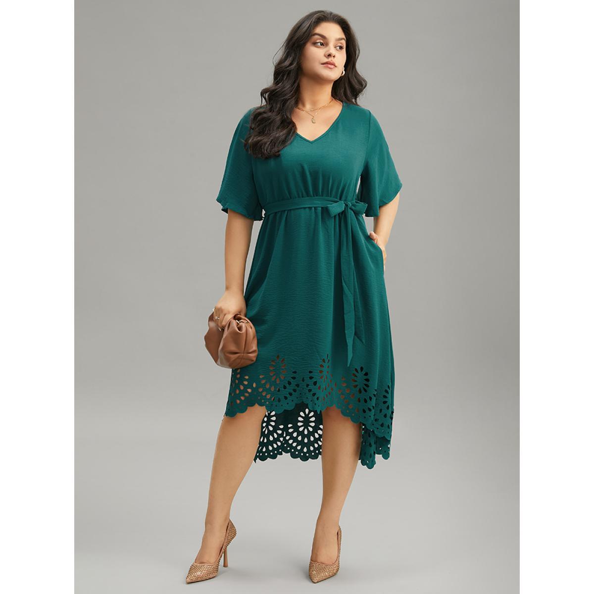 Plus Size Plain Belted Laser Cut High Low Hem Dress Emerald Women Office Gathered V-neck Half Sleeve Curvy Midi Dress BloomChic 28/5X Product Image