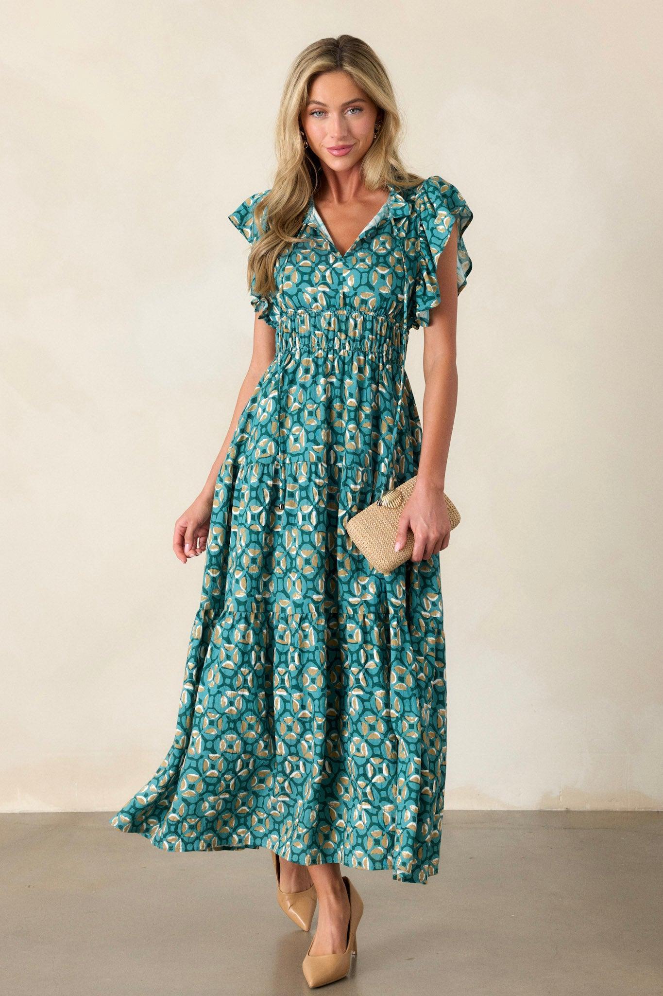 Vintage Vow Green Ruffle Sleeve Maxi Dress Product Image