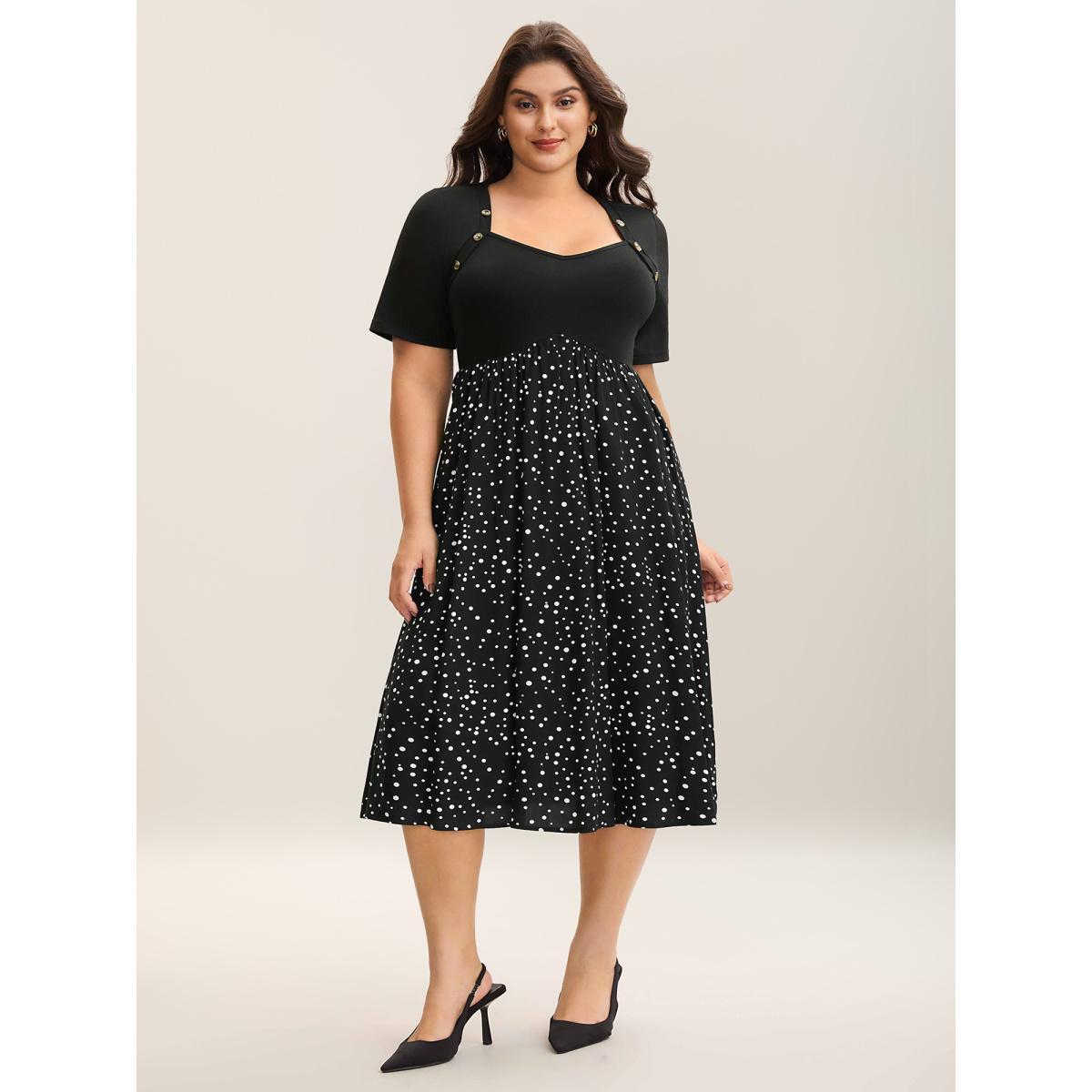Plus Size Color Contrast Shoulder Button Sleeve Midi Dress Black Women Button Heart neckline Short sleeve Curvy BloomChic 26/4X Product Image