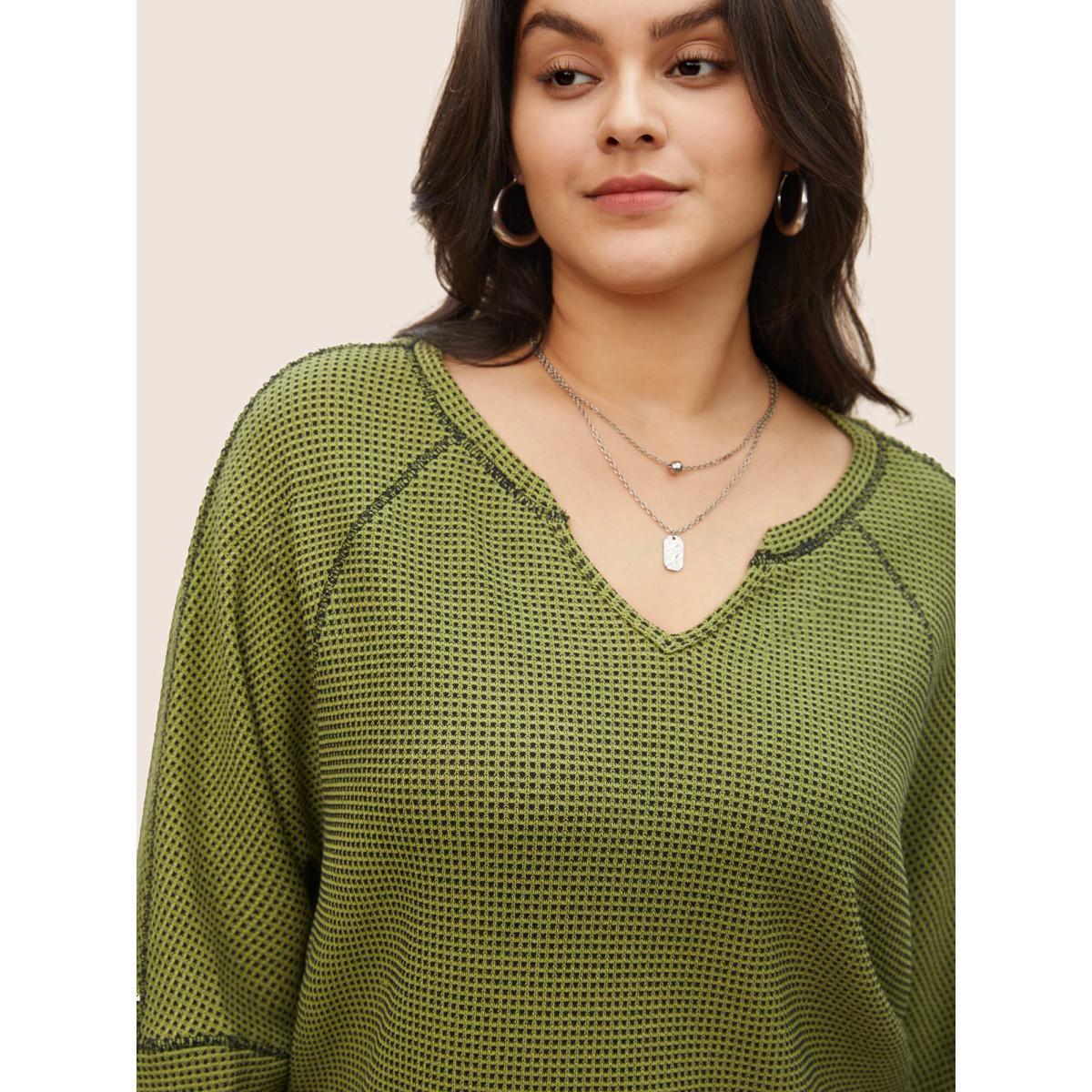 Plus Size Waffle Knit Notched Contrast Stitch Patchwork Sweatshirt Women ArmyGreen Casual Topstitching Notched collar Everyday Sweatshirts BloomChic 12/L Product Image