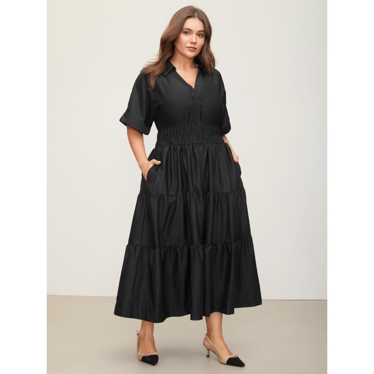 Plus Size Midfield Tiered Midi Shirt Dress Black Women At the Office Gathered Shirt collar Short sleeve Curvy BloomChic 26/4X Product Image