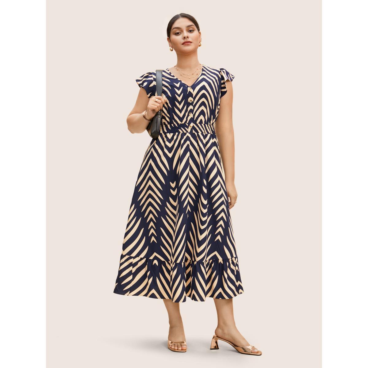 Plus Size Striped Shirred Button Detail Ruffle Cap Sleeve Dress Navy Women At the Office Button V-neck Cap Sleeve Curvy BloomChic 30/6X Product Image
