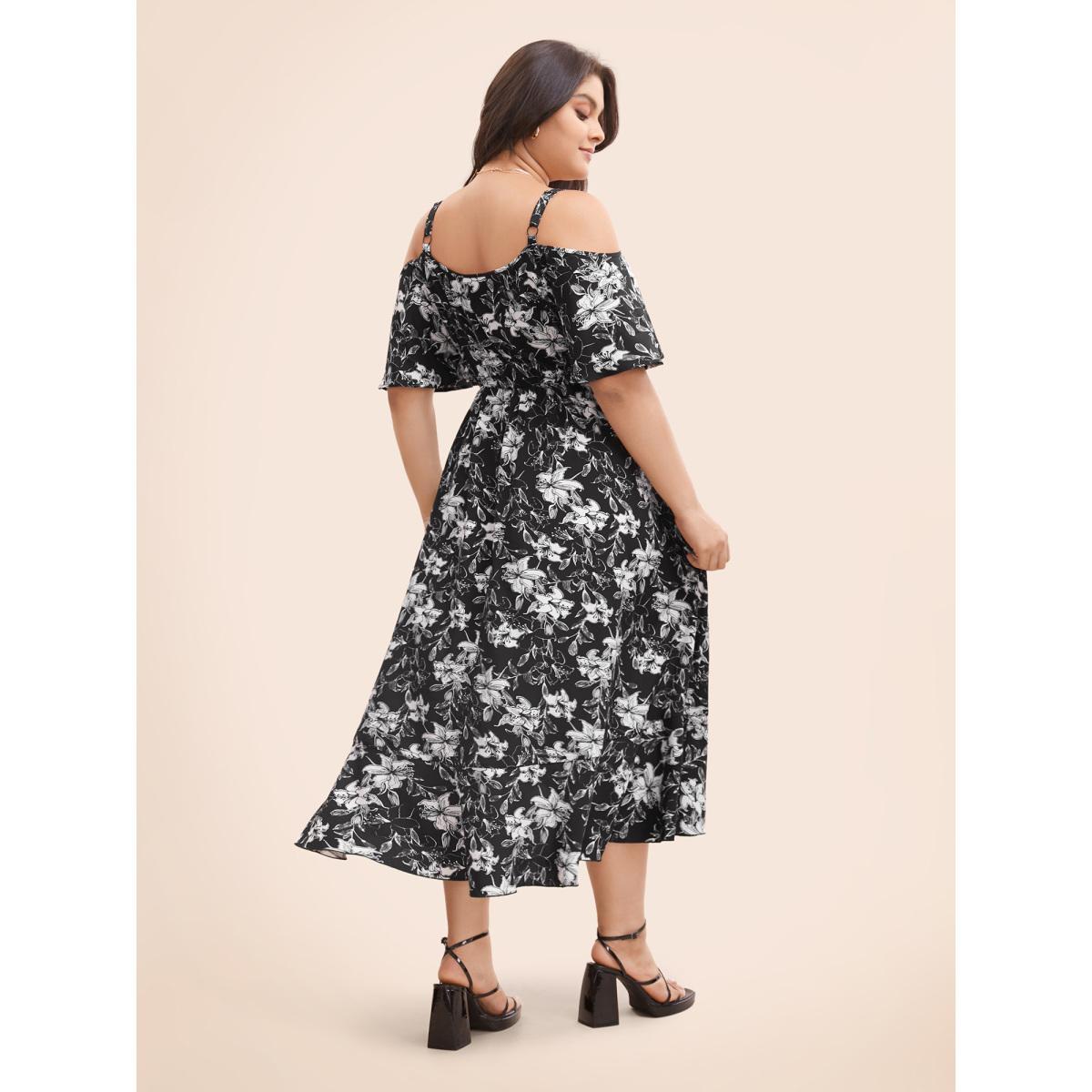 Plus Size Floral Heart Neckline Ruffle Trim Dress Black Women Elegant Ruffles Heart neckline Short sleeve Curvy BloomChic 28/5X Product Image