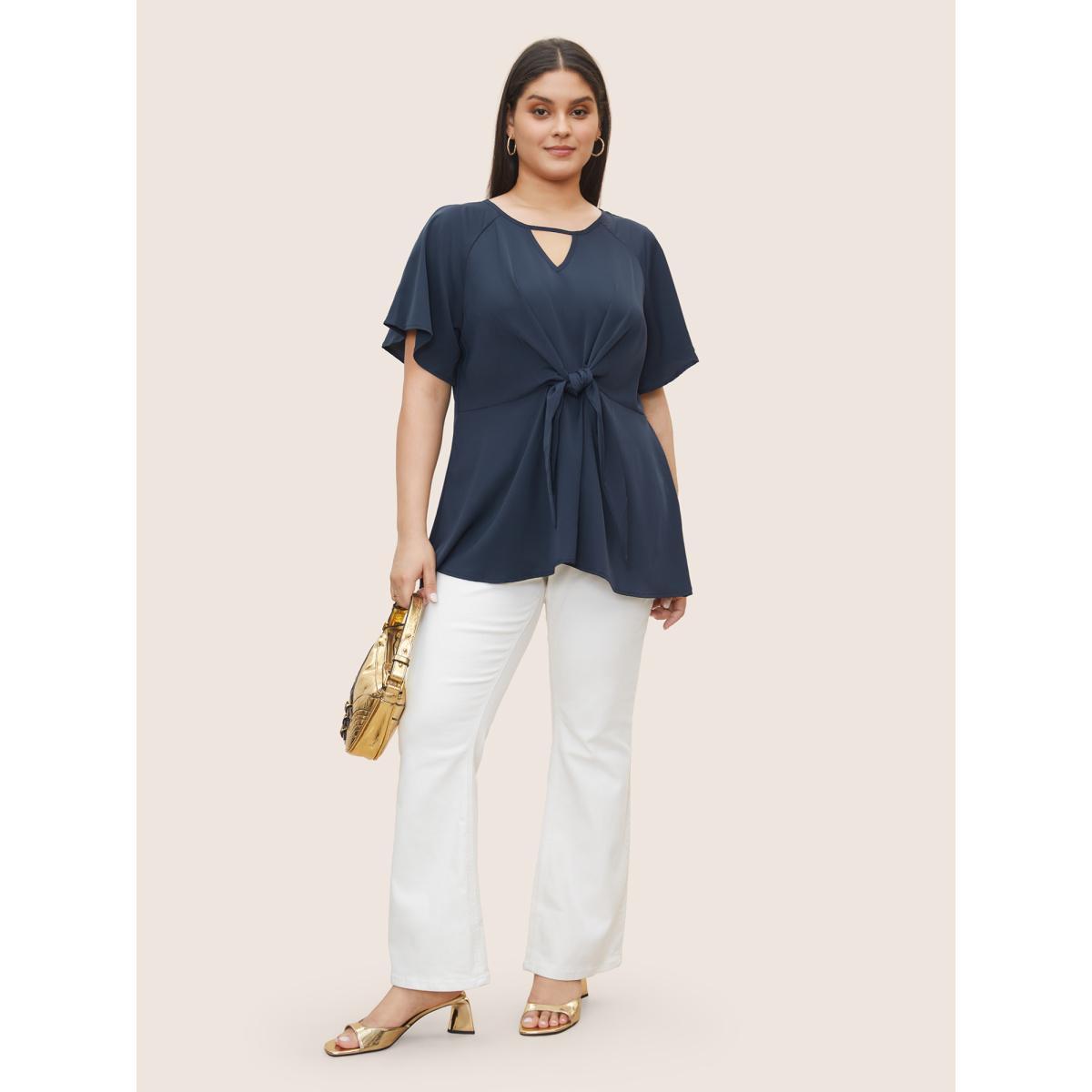 Plus Size Indigo Plain Keyhole Knotted Front Ruffle Sleeve Blouse Women Work From Home Short sleeve Round Neck Work Blouses BloomChic 12/L Product Image