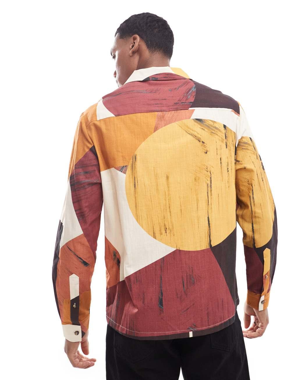 ASOS DESIGN relaxed revere shirt with abstract print in red Product Image