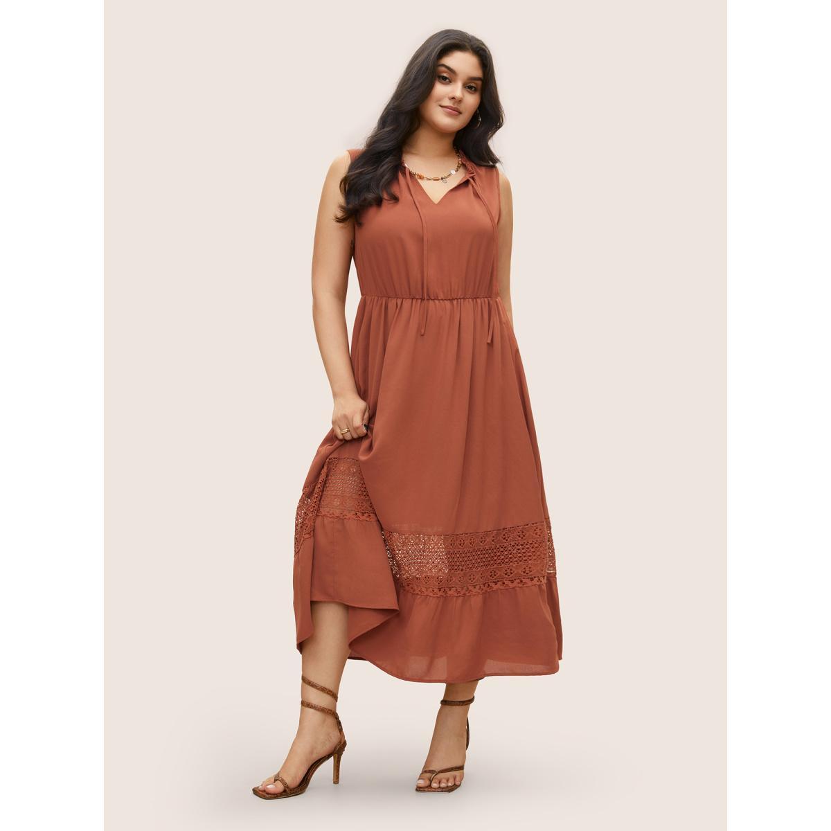 Plus Size Lace Panel Tie Neck Frill Trim Tank Dress Rust Women Resort Non V-neck Sleeveless Curvy Midi Dress BloomChic 18-20/2X Product Image