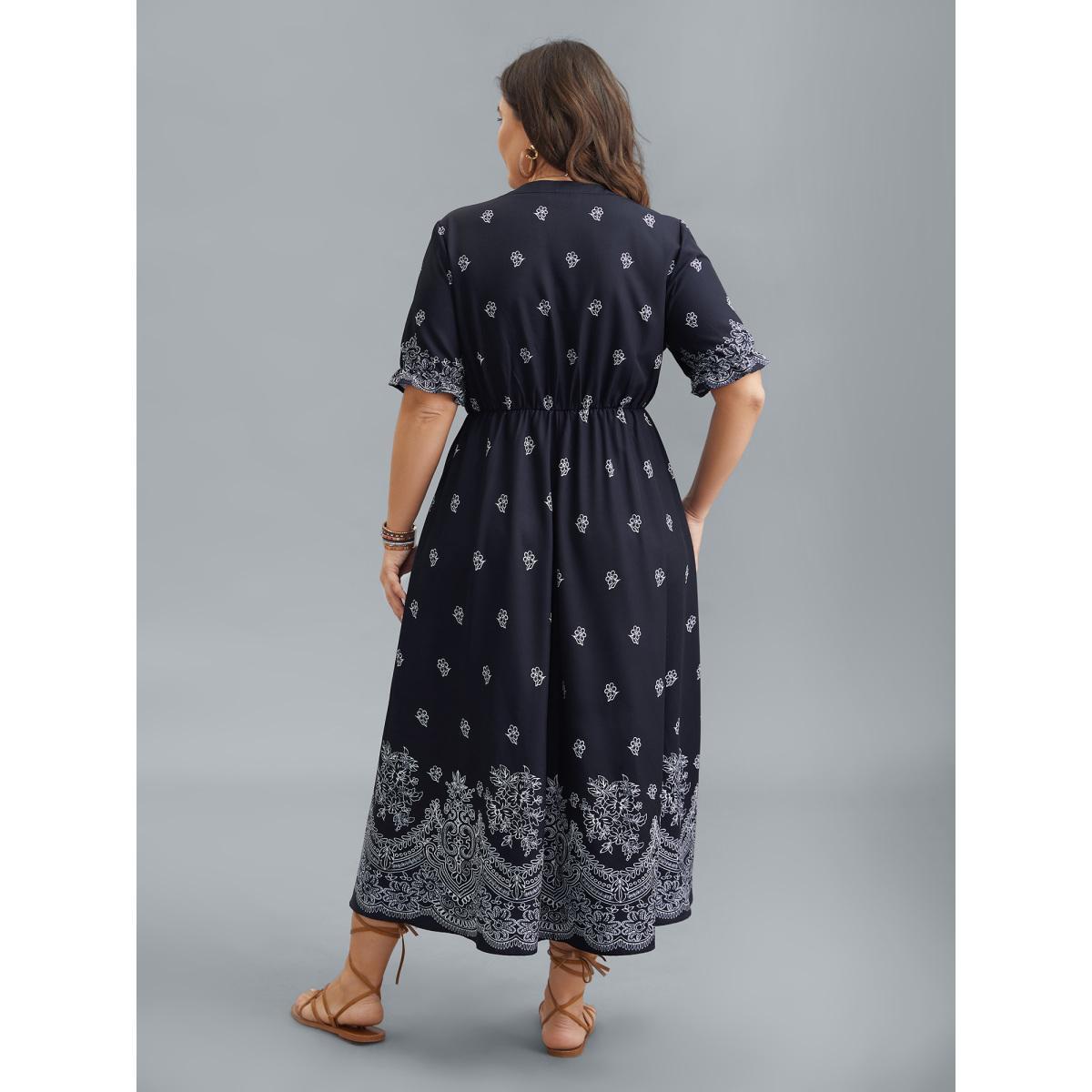 Plus Size Floral Waist-Tie Notched Collar Midi Dress Indigo Women Resort Ruffles Notched collar Half Sleeve Curvy BloomChic 12/L Product Image