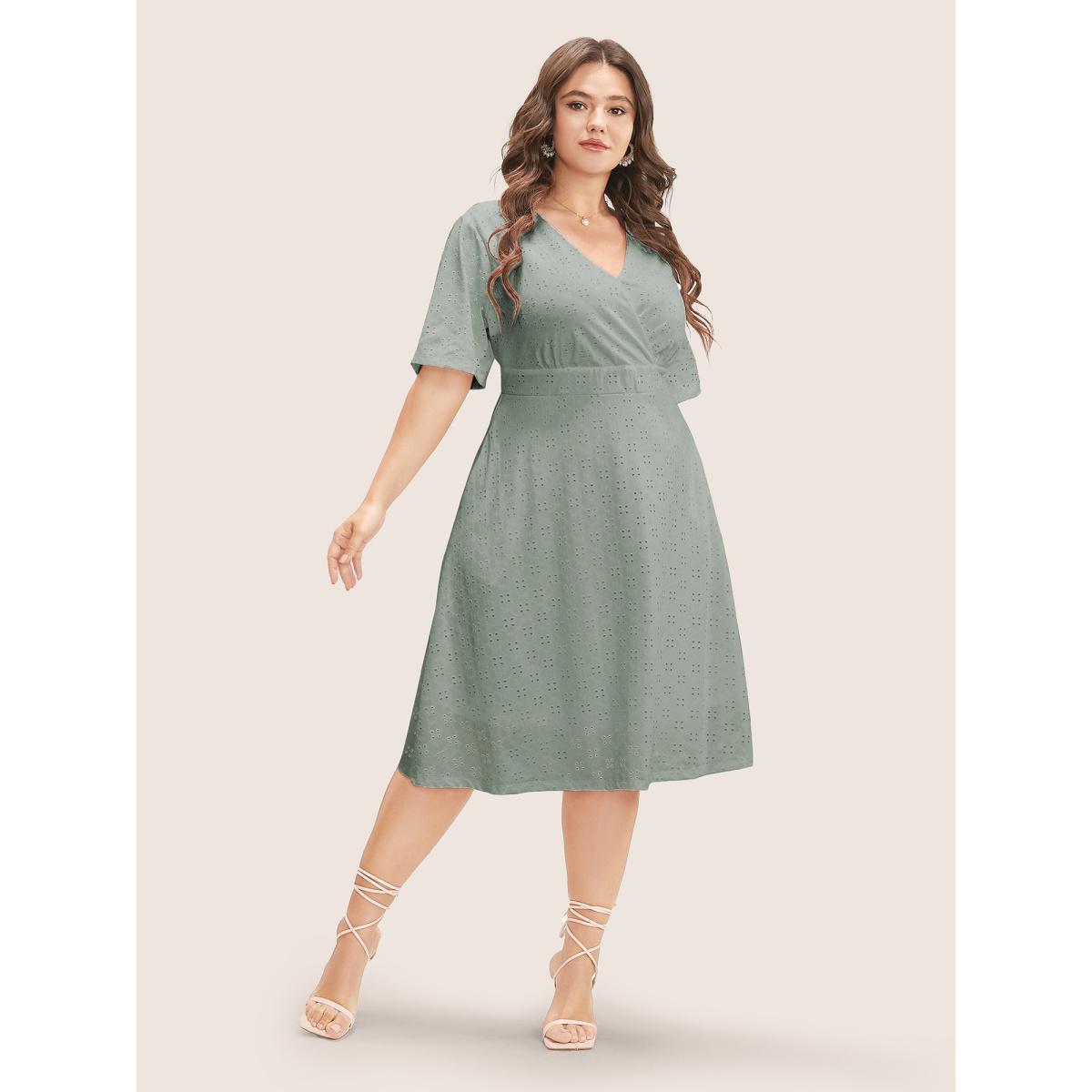 Plus Size Solid Pocket Laser Cut Surplice Neck Knee Dress Sage Women Elegant Pocket V-neck Short sleeve Curvy Knee Dress BloomChic 14-16/1X Product Image