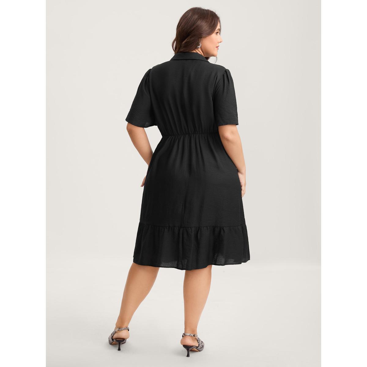 Plus Size Button Placket Waist-Tie Midi Dress Black Women Notched collar Short sleeve Curvy BloomChic 12/L Product Image